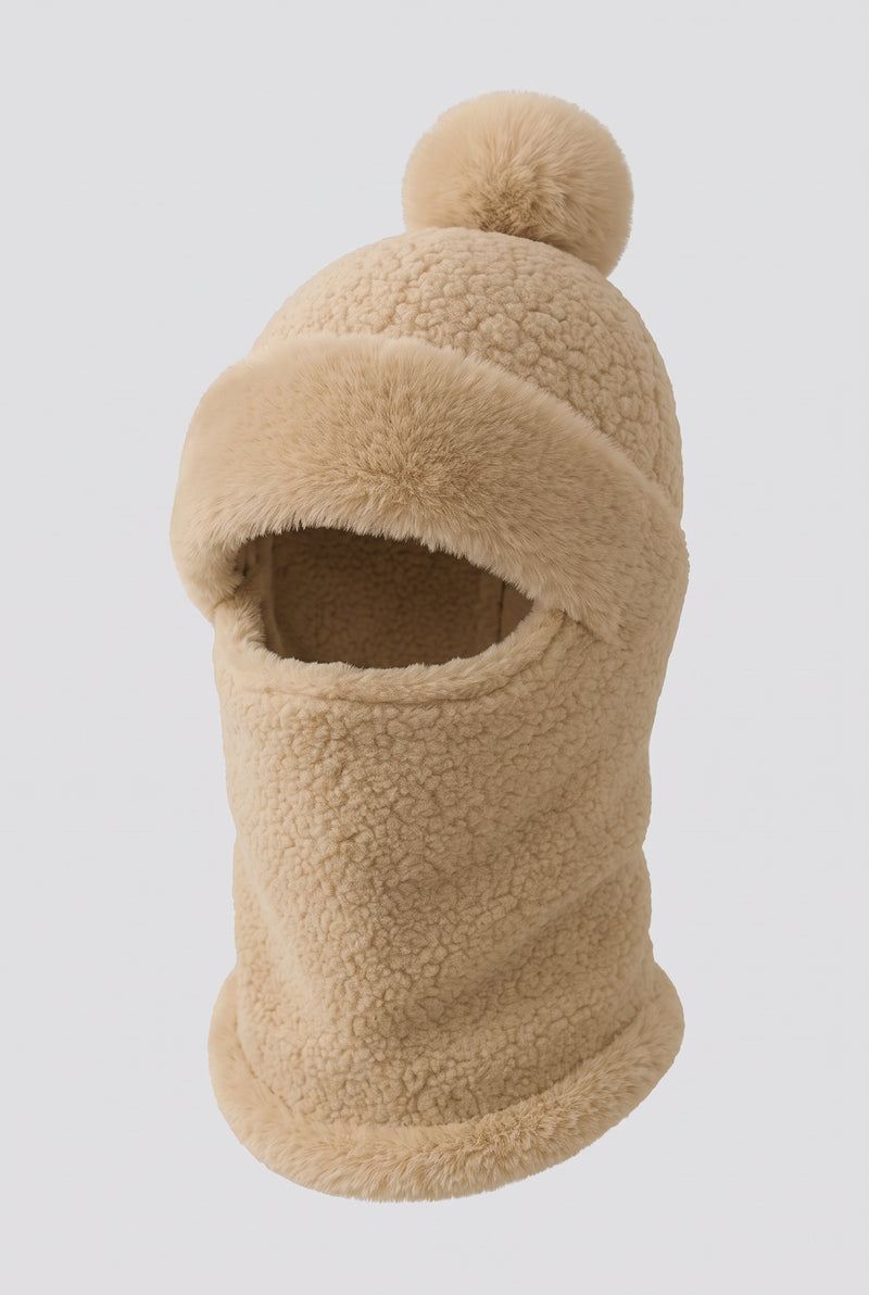 Fleece Pompom Balaclava in Khaki — studio front