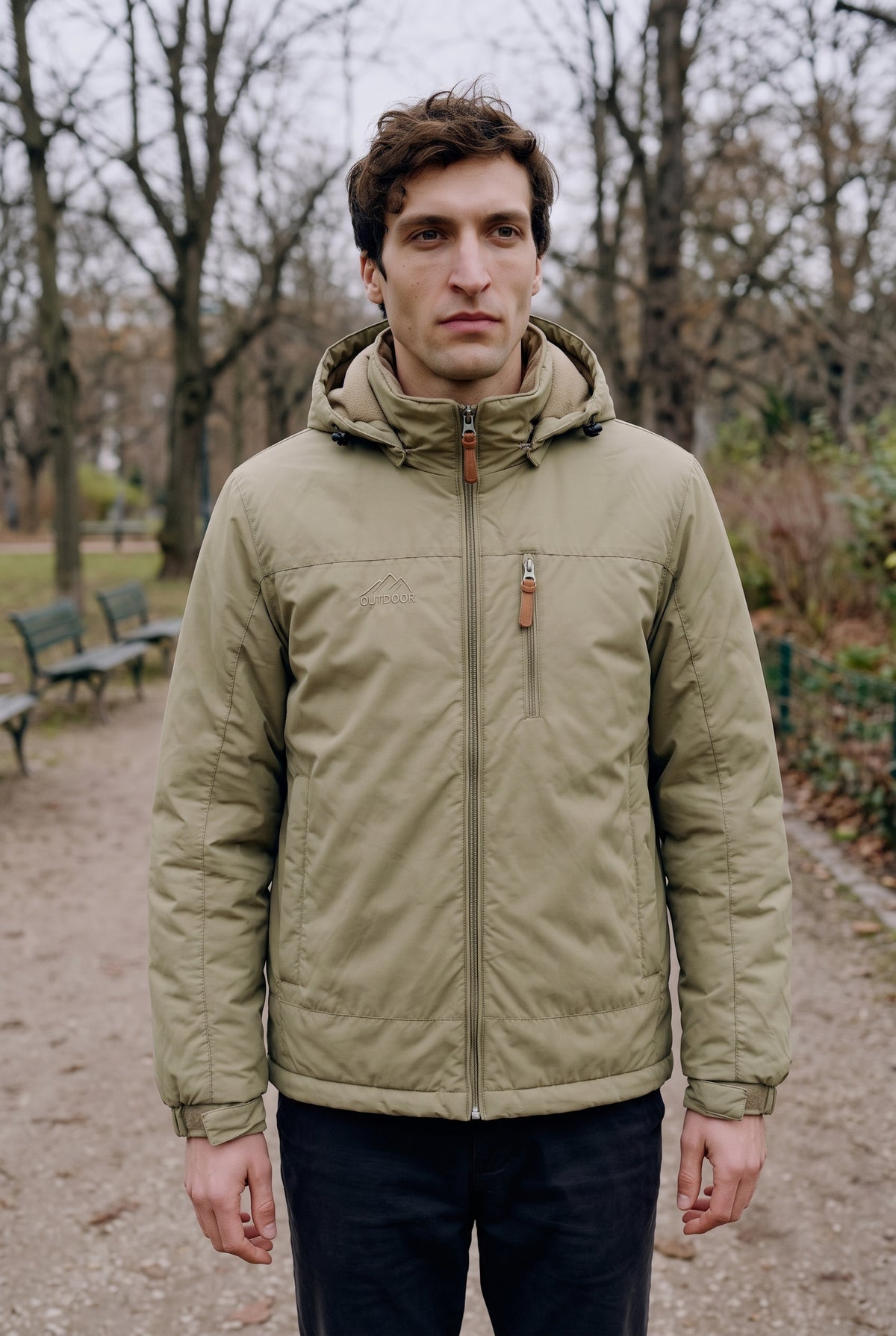 Insulated Hooded Jacket in Khaki — lifestyle