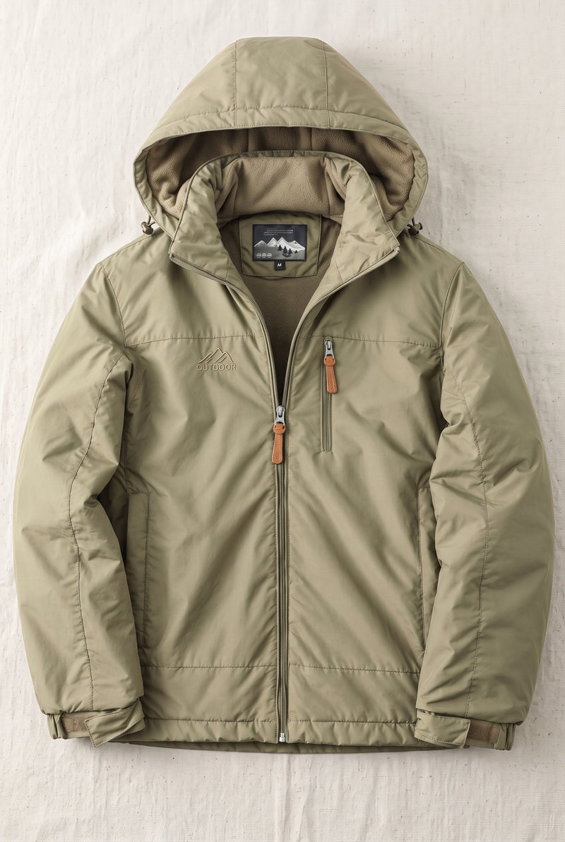 Insulated Hooded Jacket in Khaki — studio front