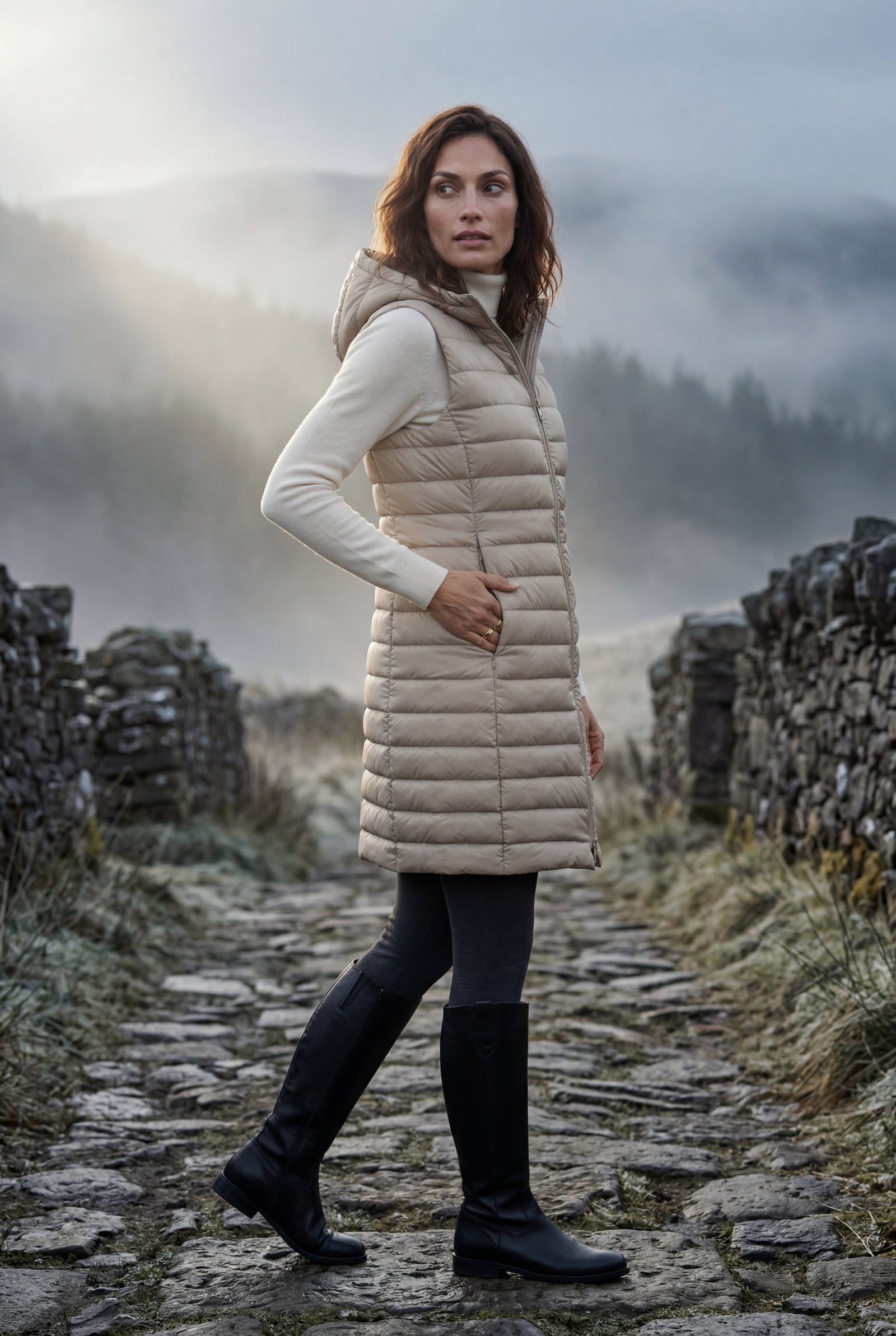 Khaki Longline Quilted Hooded Bodywarmer Vest with Full Zip - Bodywarmer vests - Photo 10