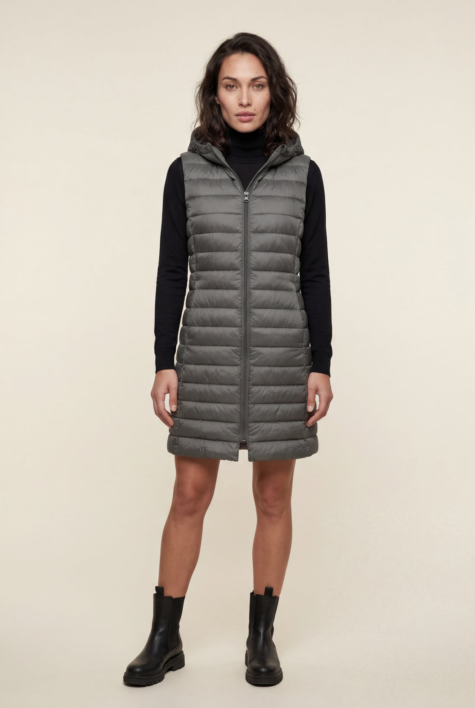 Gray Longline Quilted Hooded Bodywarmer Vest with Full Zip - Bodywarmer vests - Photo 3
