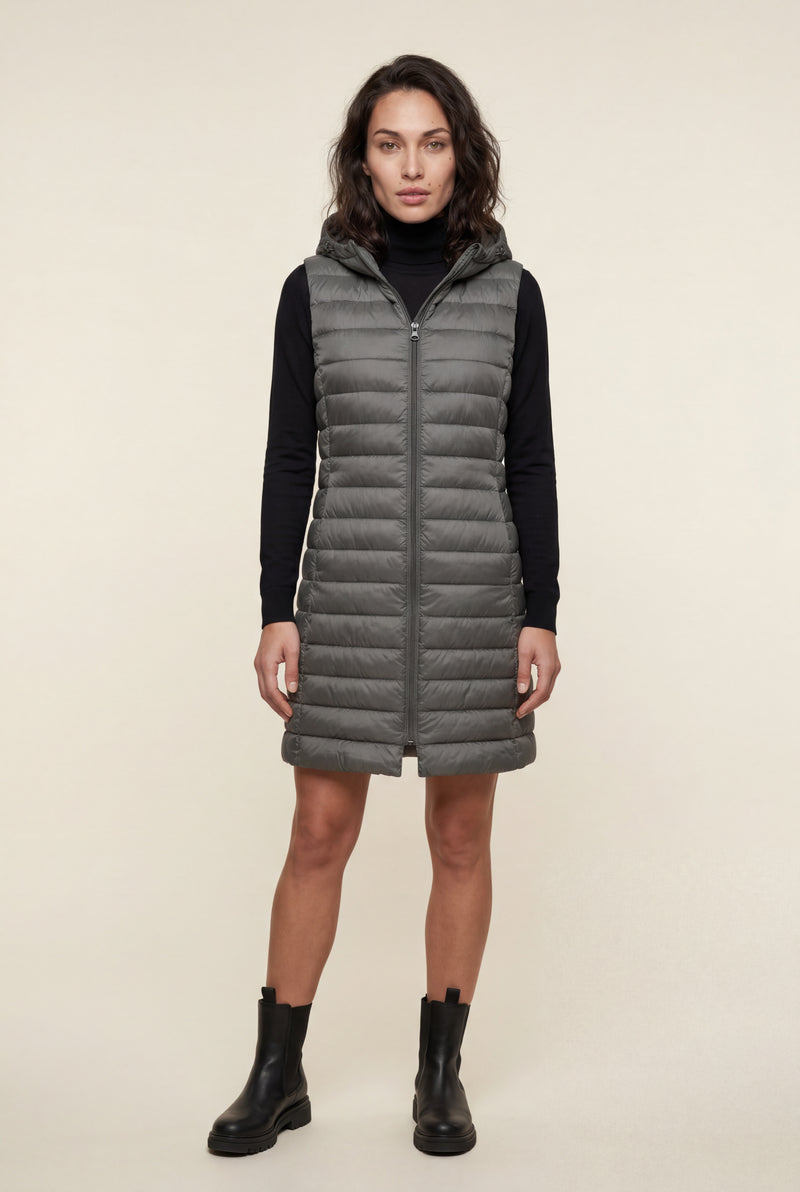 Gray Longline Quilted Hooded Bodywarmer Vest with Full Zip - Bodywarmer vests - Photo 3