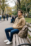 Men's Hoodie Relaxed Fit in Khaki — lifestyle park bench
