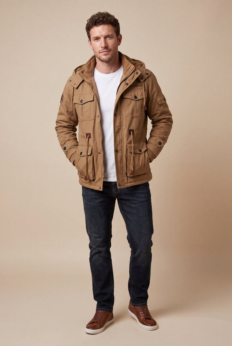 Men's Jacket Hooded Fleece Thermal in Khaki — studio main