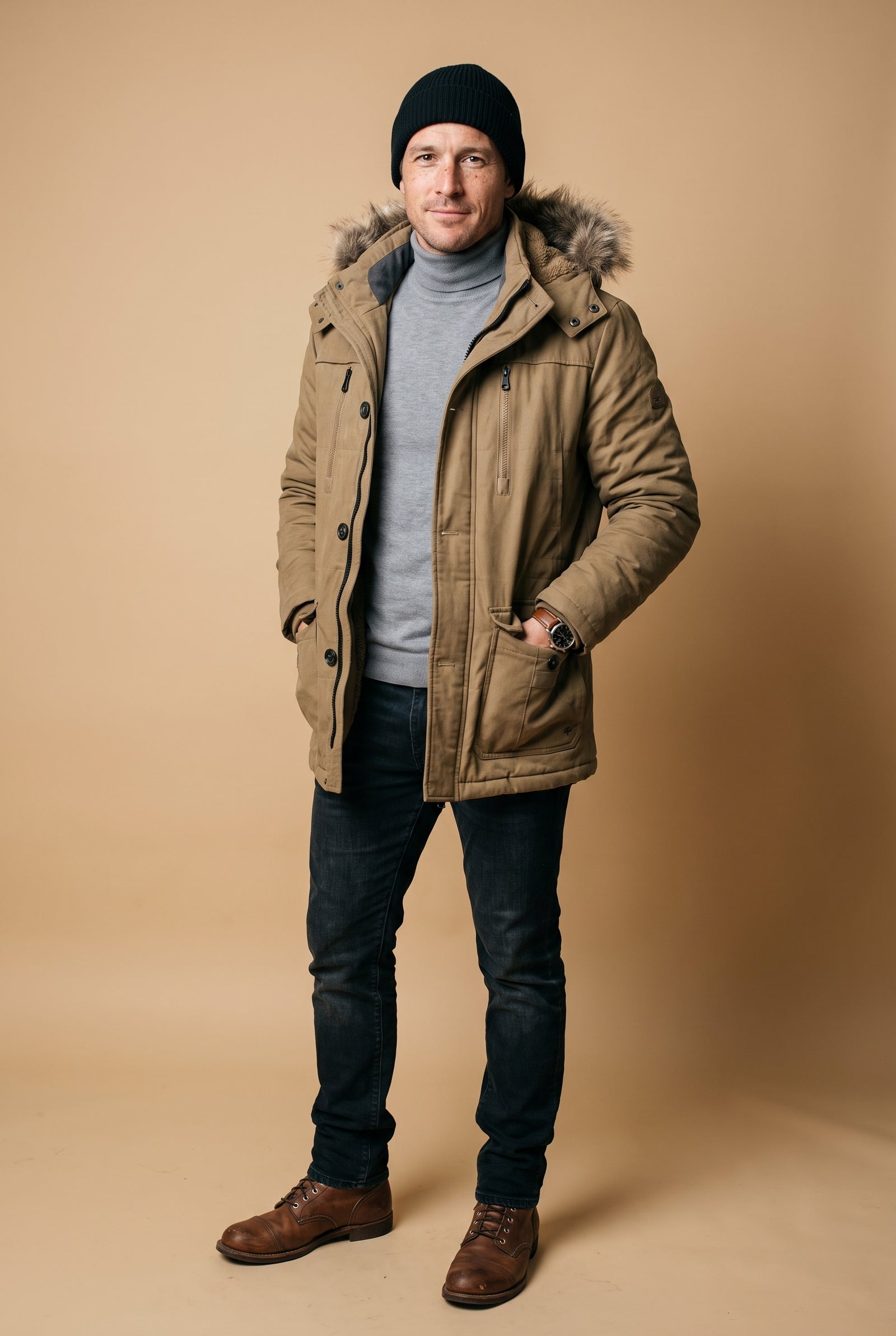 Men's Parka Hooded Winter in Khaki — studio shot