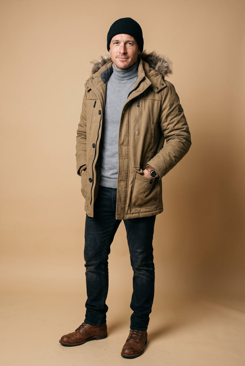 Men's Parka Hooded Winter in Khaki — studio shot
