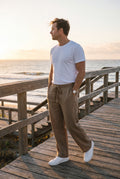 Men's Trousers Wide Leg Drawstring in Khaki — lifestyle seaside morning