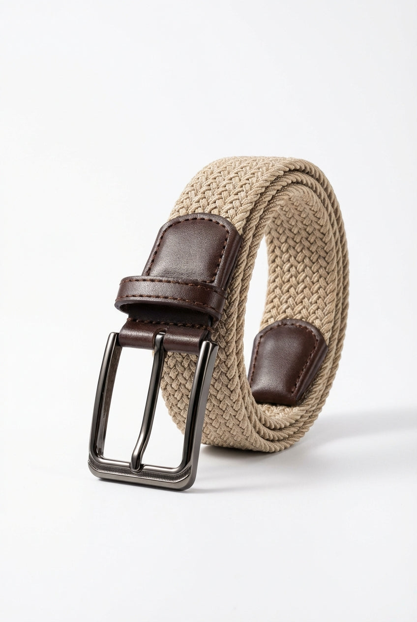 Khaki Men's Braided Stretch Belt with Trim and Buckle - Belts - Photo 1