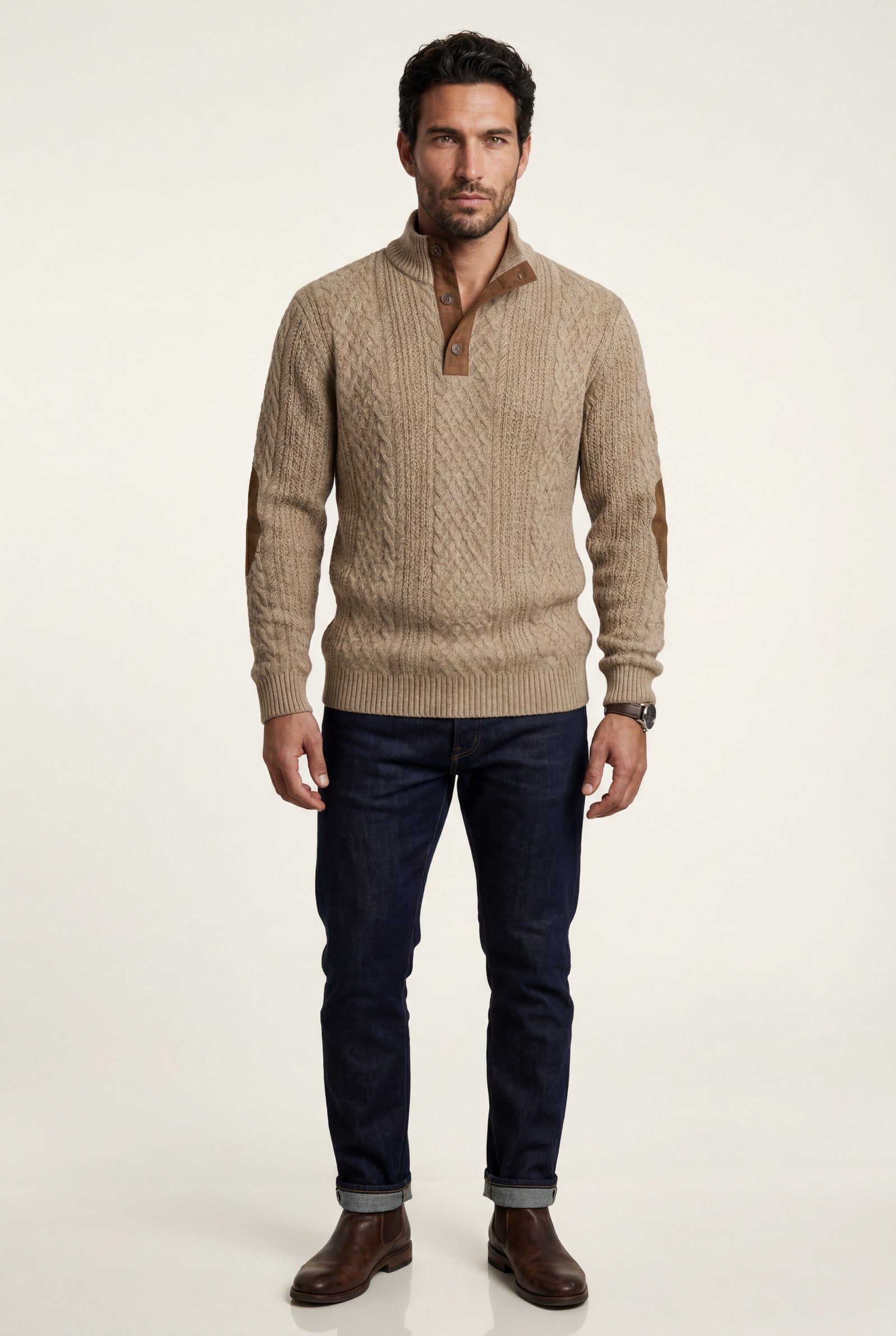 Khaki Men's Cable Pullover Sweater with Elbow Patches - Photo 1