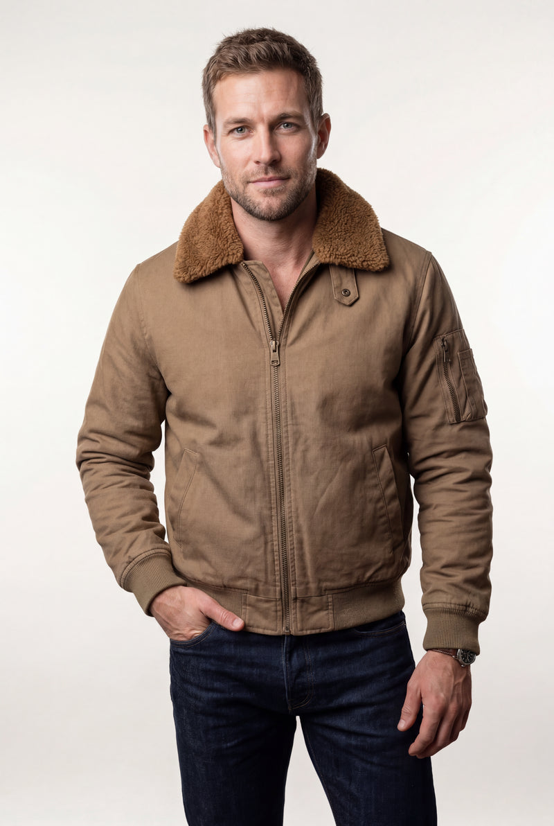 Khaki Men's Faux Collar Classic Bomber Jacket - Casual jacket - Photo 1