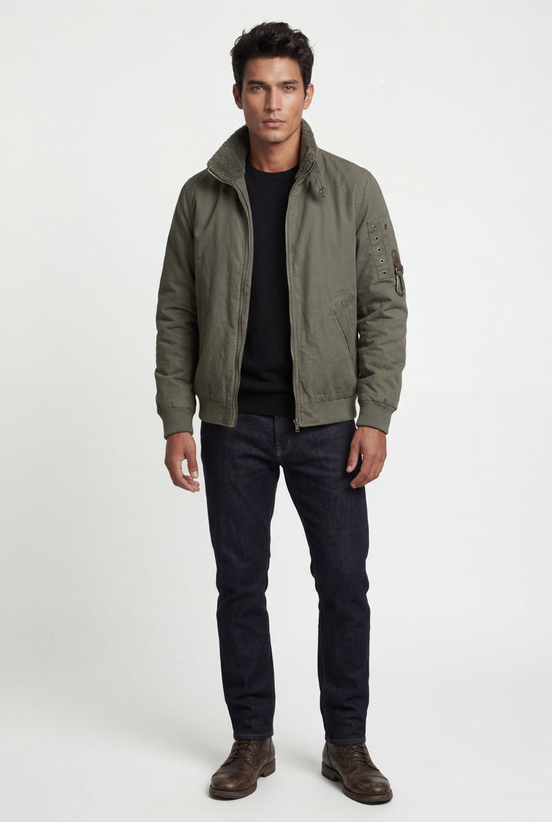 Olive Grey Men's Faux Collar Classic Bomber Jacket - Casual jacket - Photo 3