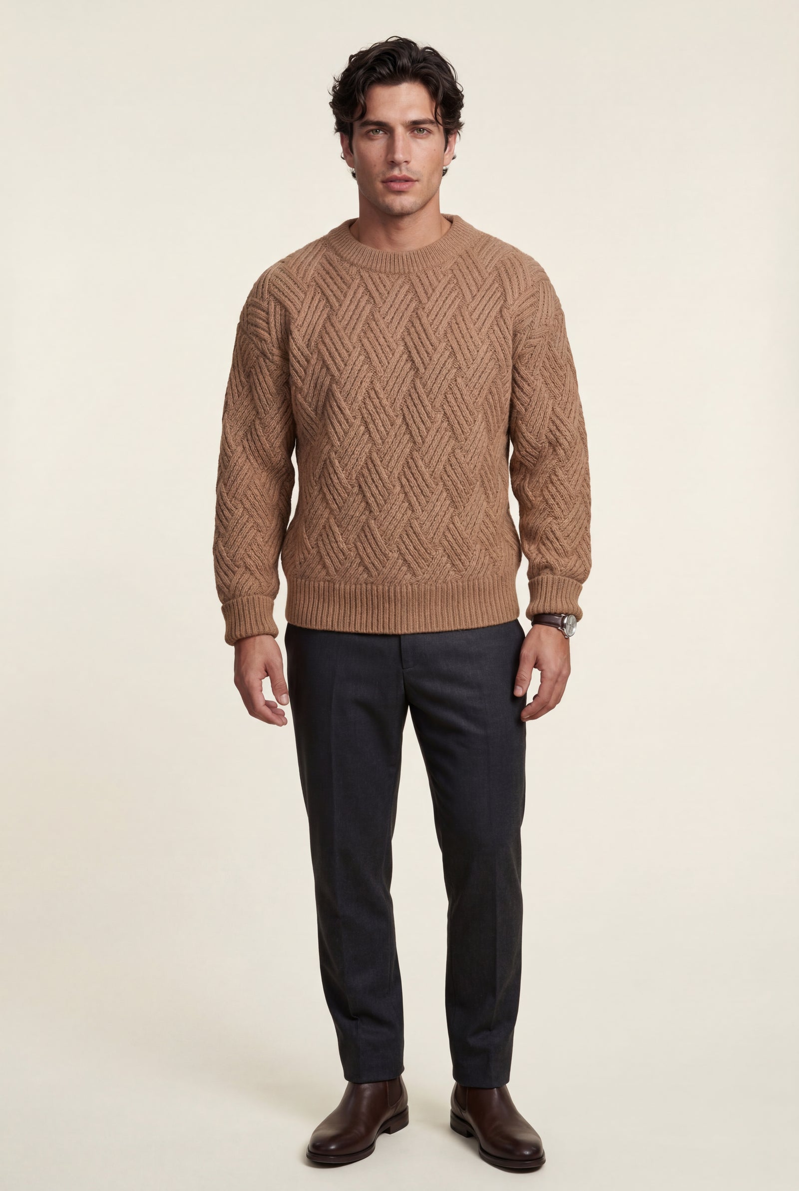 Khaki Men's Geometric Cable- Textured Pullover Sweater - Photo 32