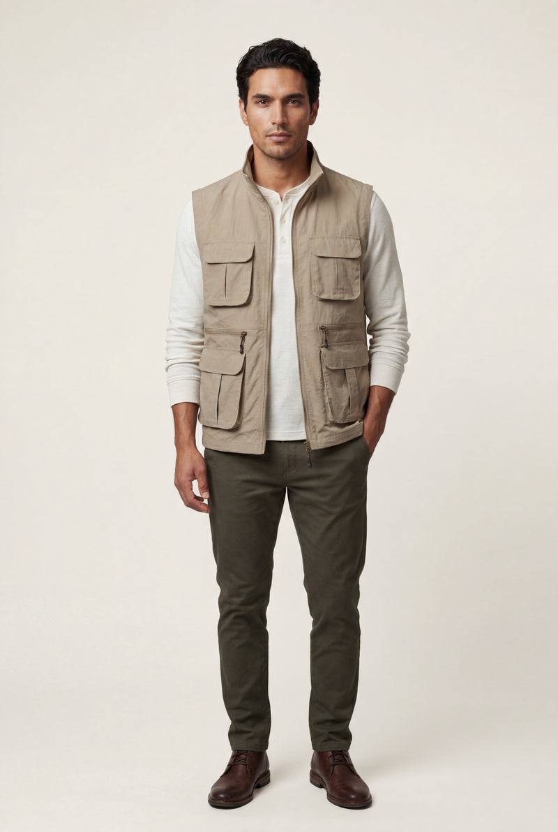 Khaki Multi-pocket Stand Collar Utility Vest - Vests - Photo 1