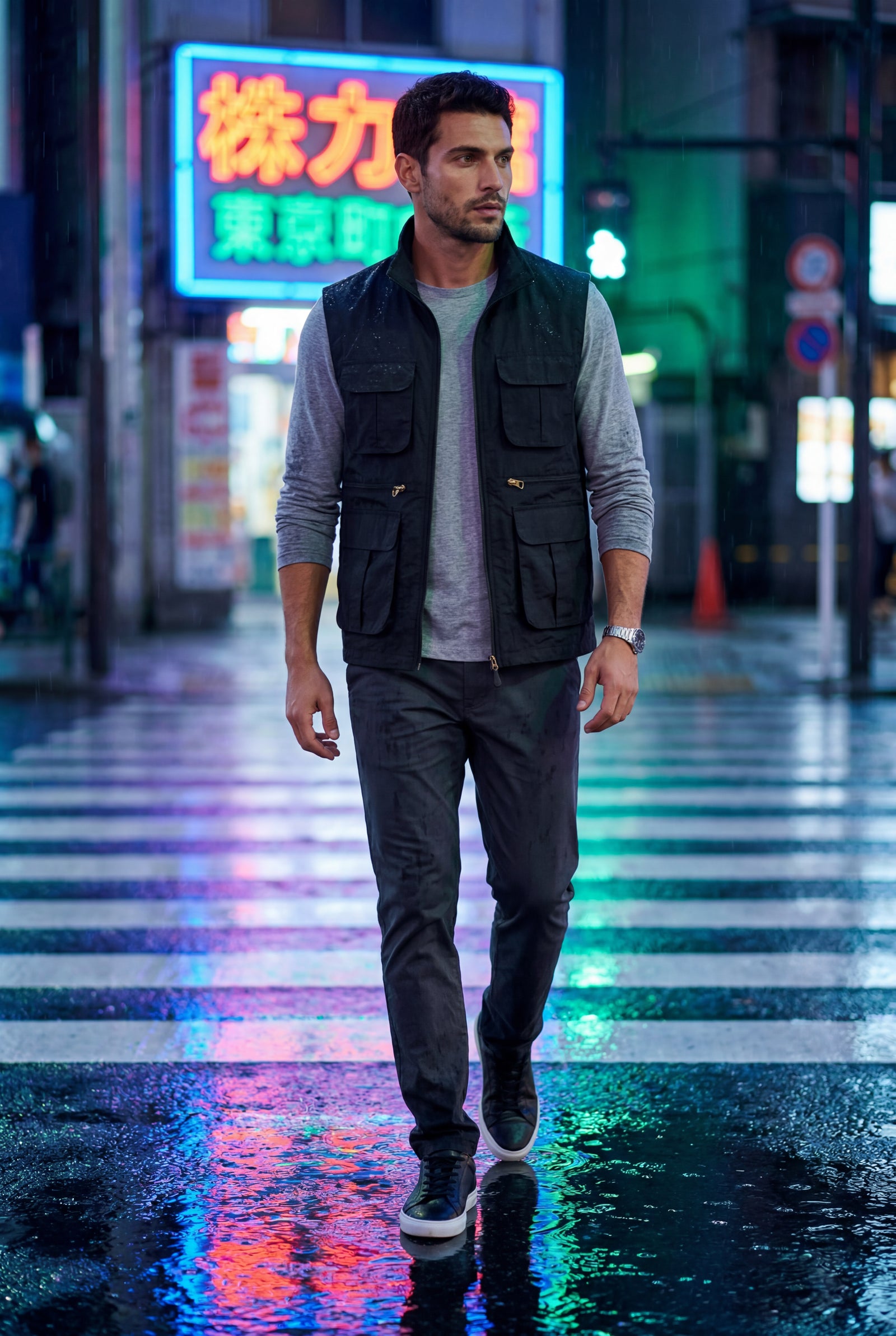 Black Multi-pocket Stand Collar Utility Vest - Vests - Photo 6