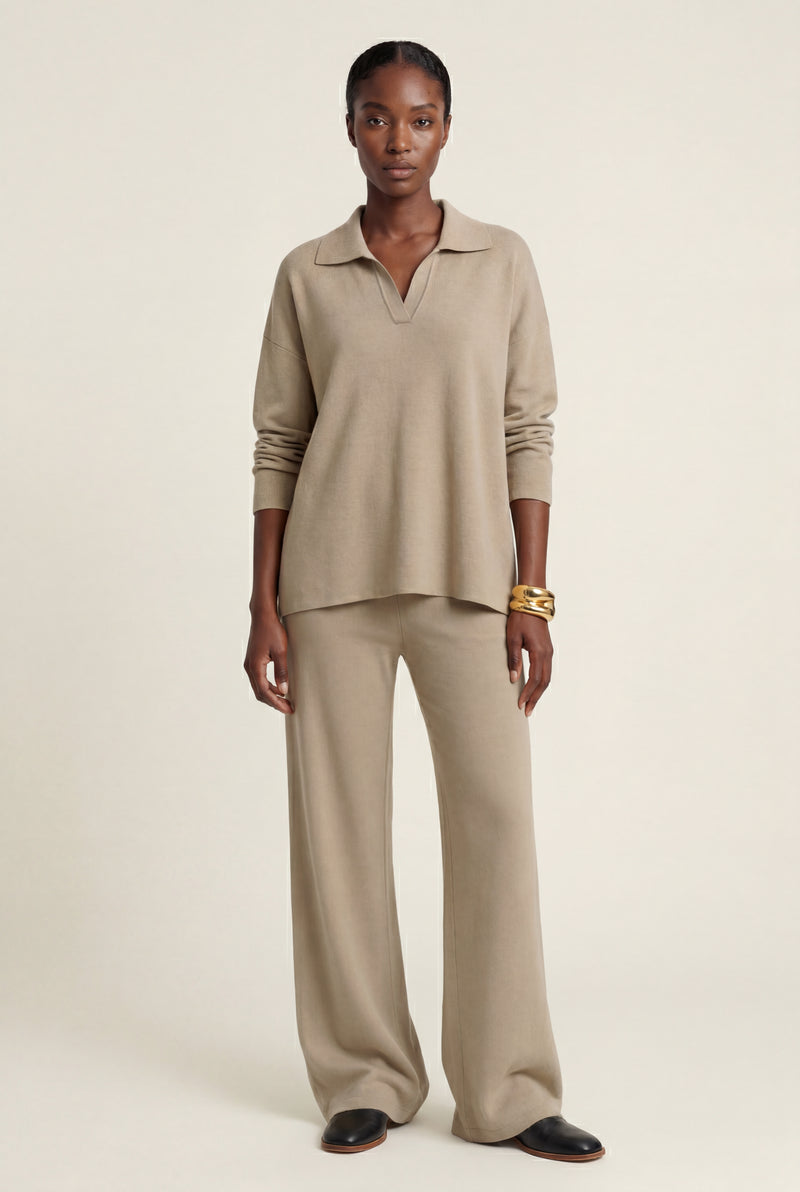 Khaki Oversized Collared Lounge Set with Wide-leg Trousers - Oversized set - Photo 2