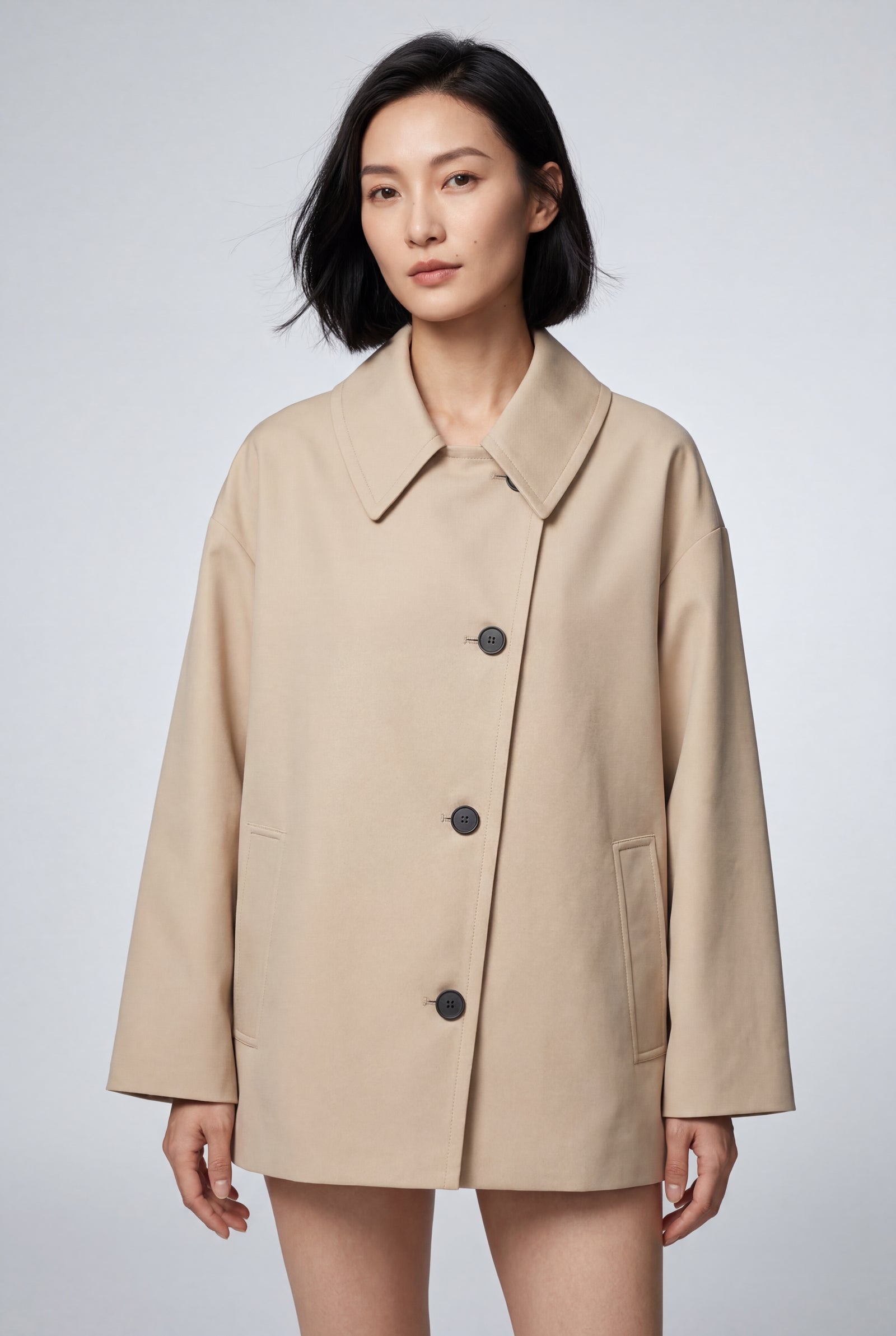 Khaki Oversized Single-breasted Coat with Classic Collar - Oversized coat - Photo 1