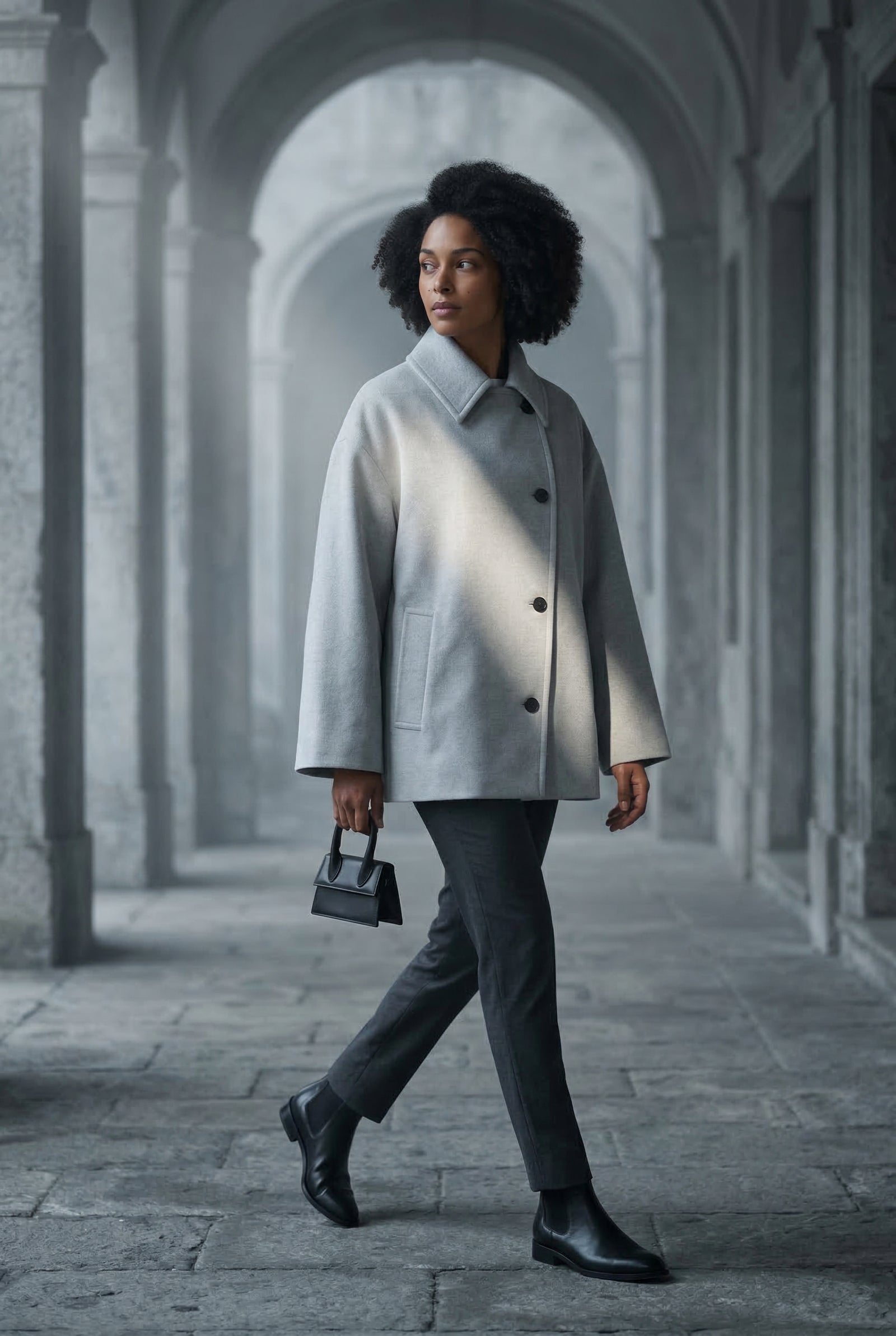 Gray Oversized Single-breasted Coat with Classic Collar - Oversized coat - Photo 5