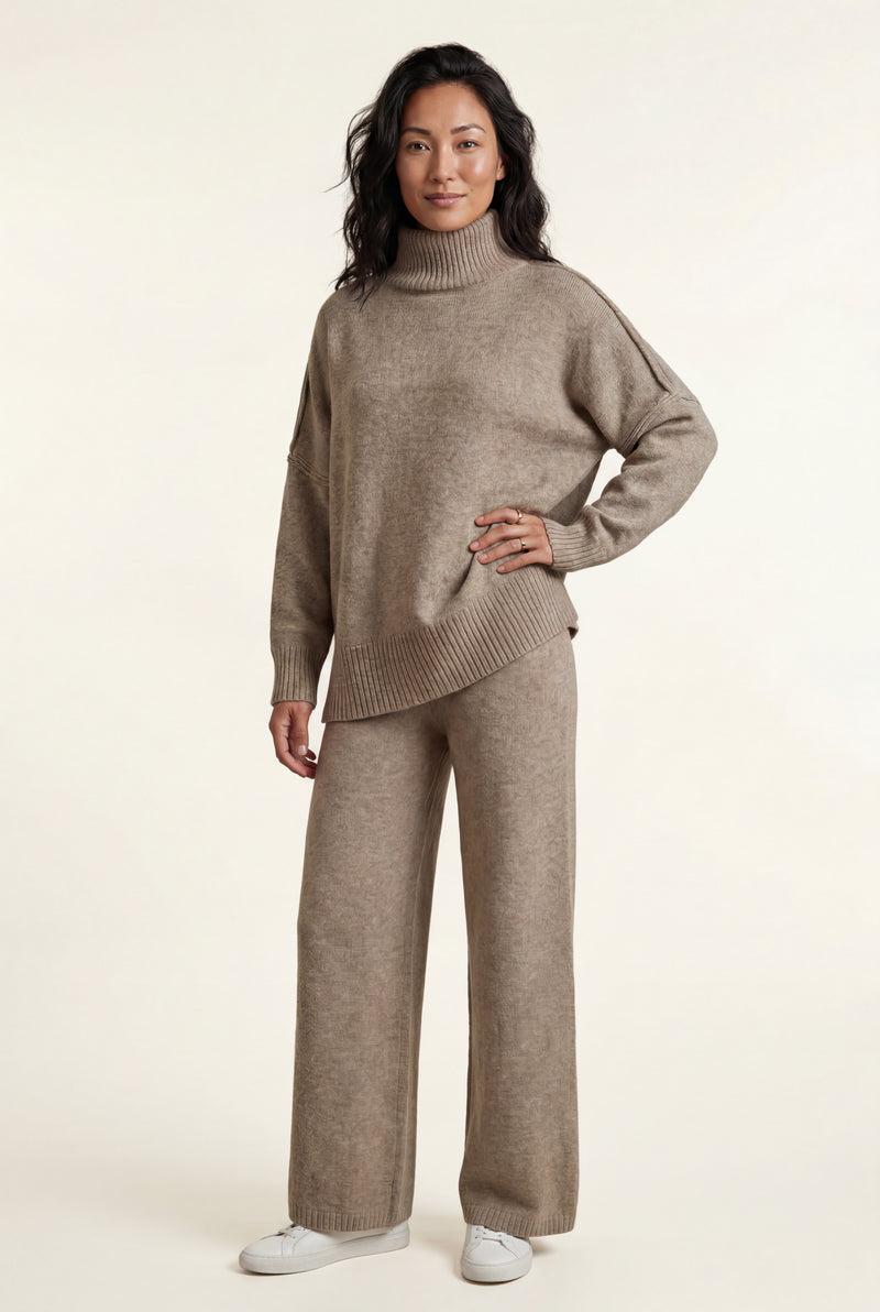 Khaki Oversized Turtleneck Relaxed Lounge Set with Wide-leg Pants - Photo 1