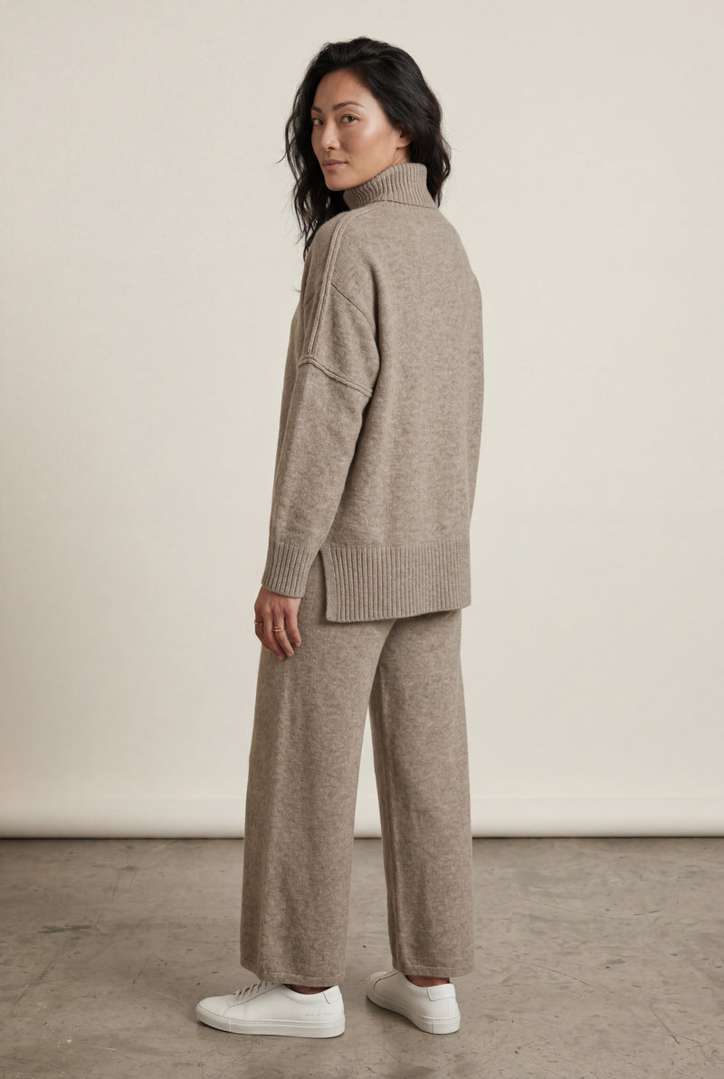 Khaki Oversized Turtleneck Relaxed Lounge Set with Wide-leg Pants - Photo 3