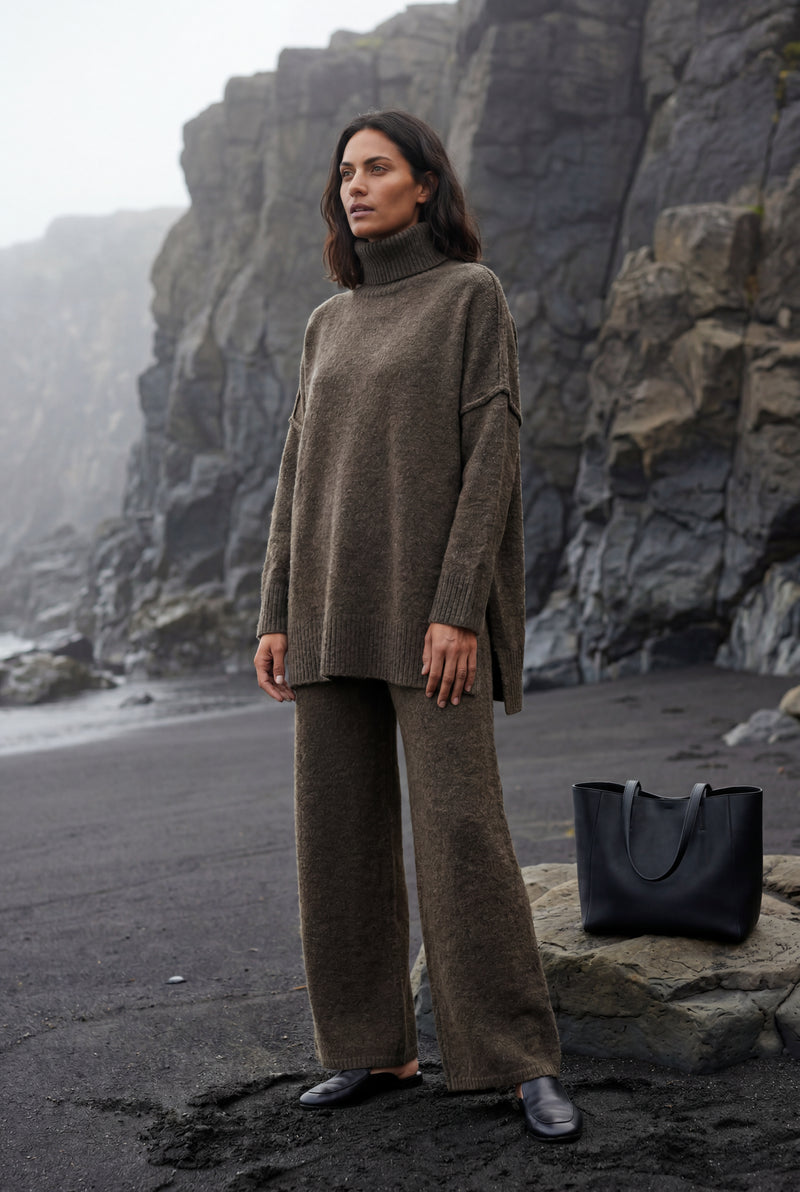 Dark Brown Oversized Turtleneck Relaxed Lounge Set with Wide-leg Pants - Photo 4