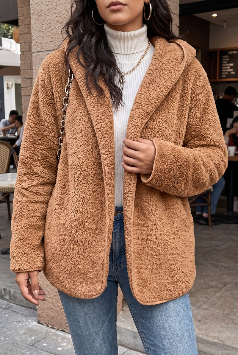 Plush Hooded Teddy Coat in Khaki — studio front