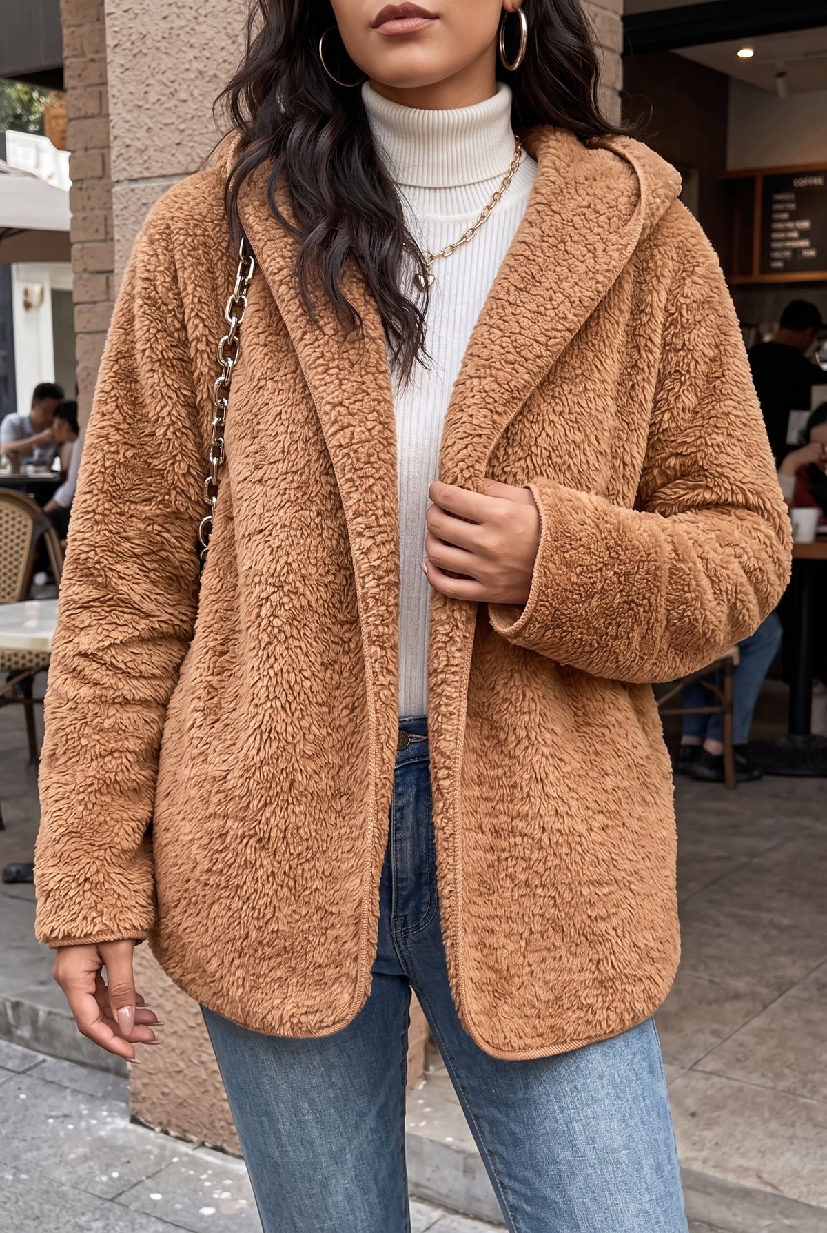 Plush Hooded Teddy Coat in Khaki — studio front