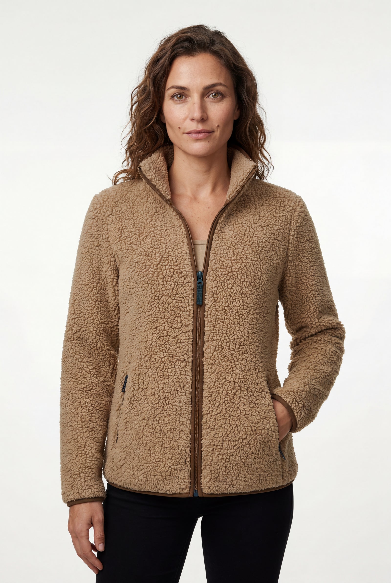 Khaki Plush Zip-up Jacket with Stand Collar - Fleece jacket - Photo 6