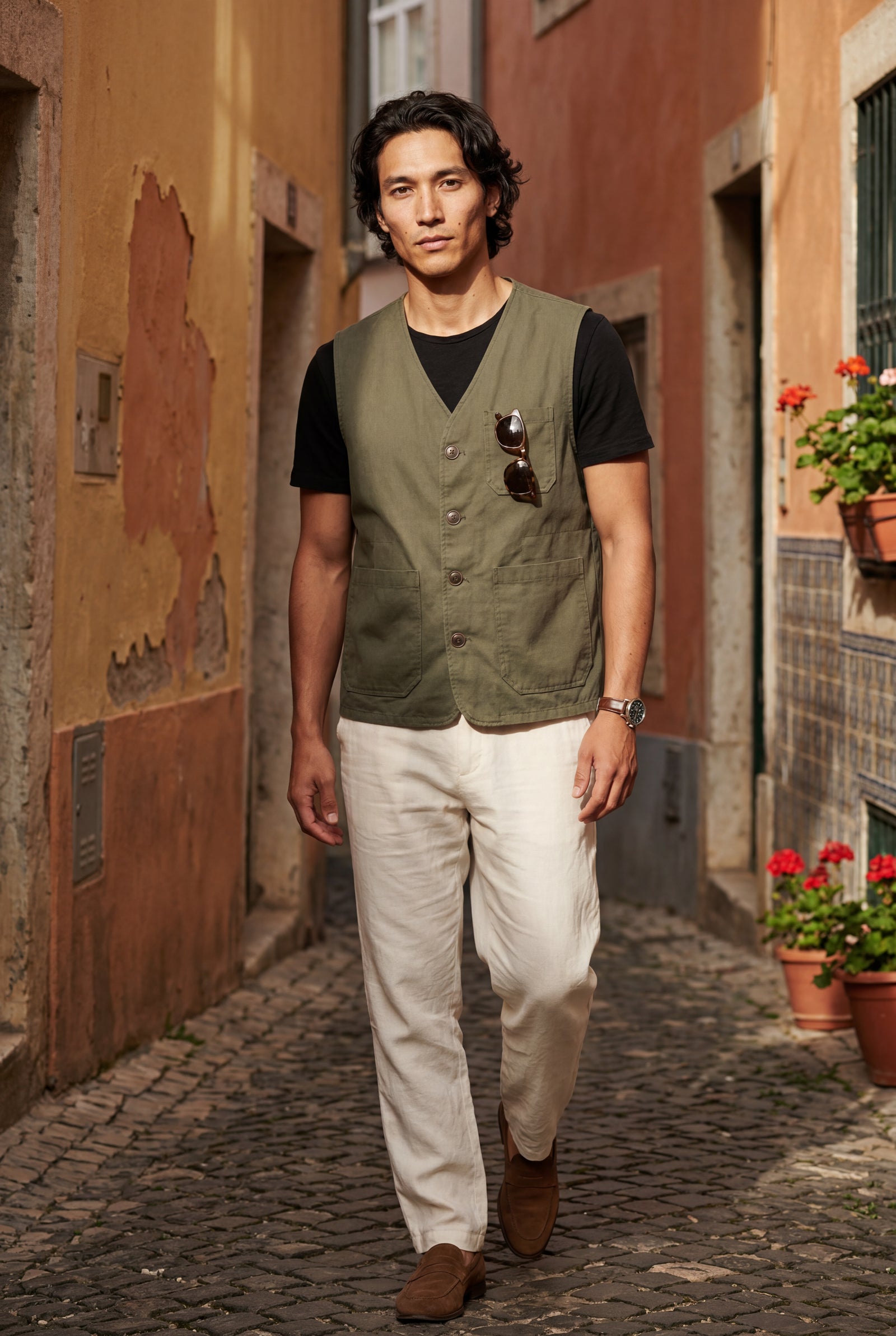 Olive Relaxed Fit Utility Vest with Functional Pockets - Cotton vests - Photo 10