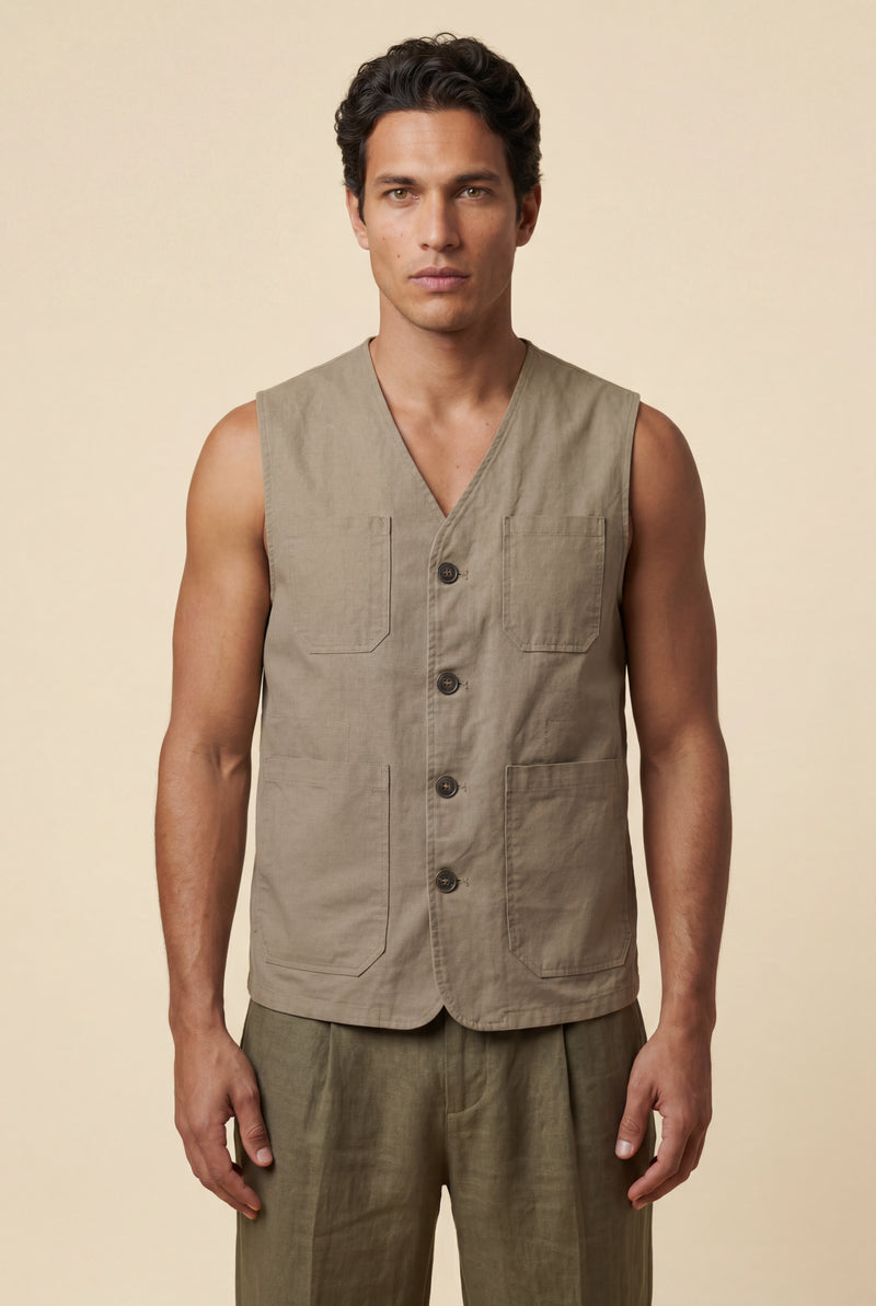 Khaki Relaxed Fit Utility Vest with Functional Pockets - Cotton vests - Photo 2