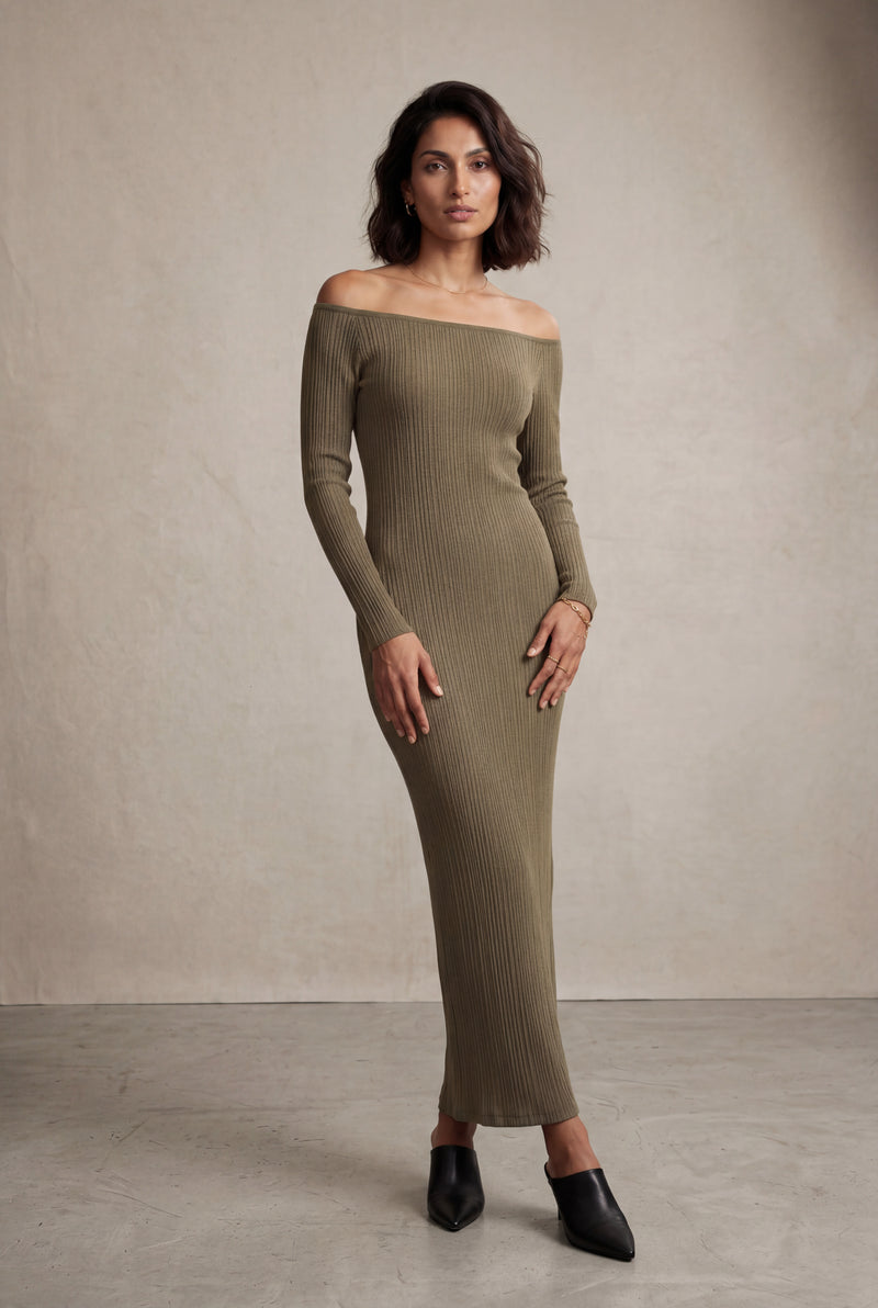 Khaki Ribbed Off-shoulder Bodycon Maxi Dress with Long Sleeves - Photo 1
