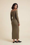 Khaki Ribbed Off-shoulder Bodycon Maxi Dress with Long Sleeves - Photo 3