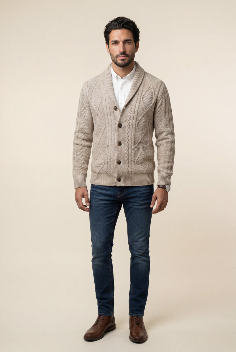 Khaki Shawl Collar Cable Button Cardigan - Knit cardigans - Photo 3