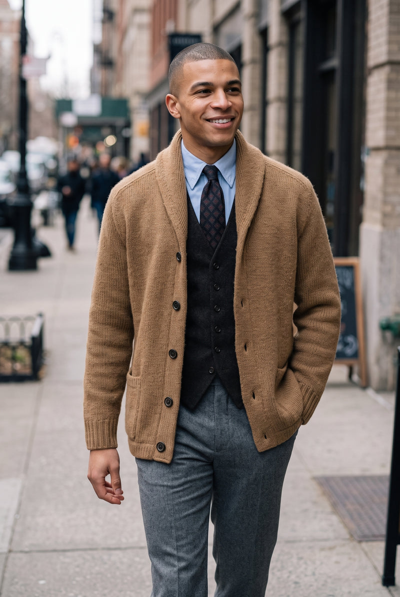 Shawl Collar Knit Cardigan in Khaki — lifestyle