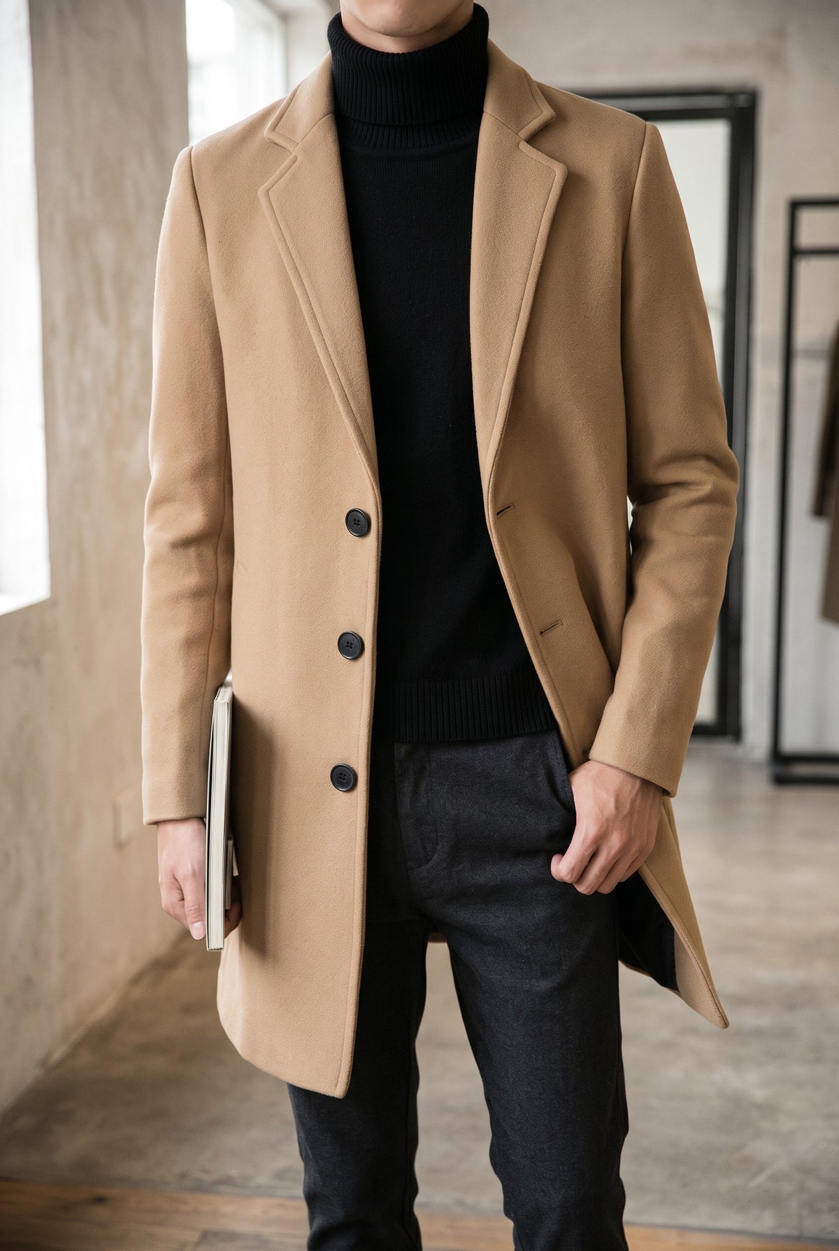 Single-Breasted Cotton Overcoat in Khaki — Stilenza main image