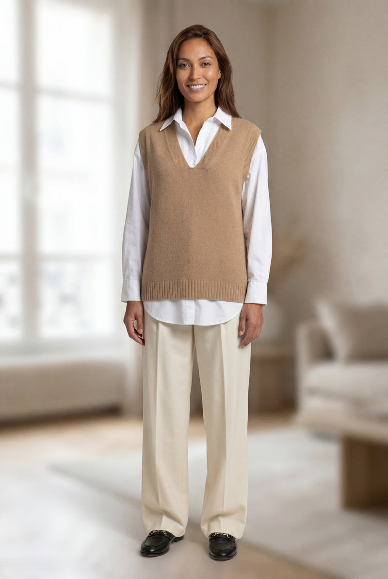 Khaki Sleeveless V-neck Knitted Sweater Vest with Ribbed Hem - V neck sweater - Photo 5