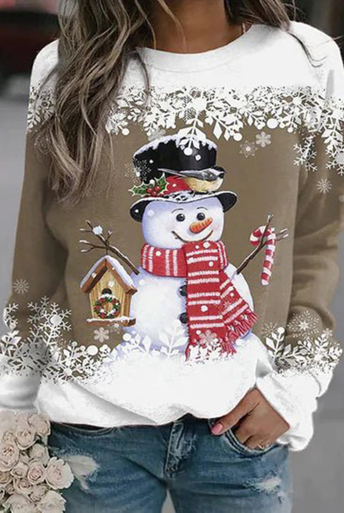 Snowman Graphic Sweater in Khaki — front view
