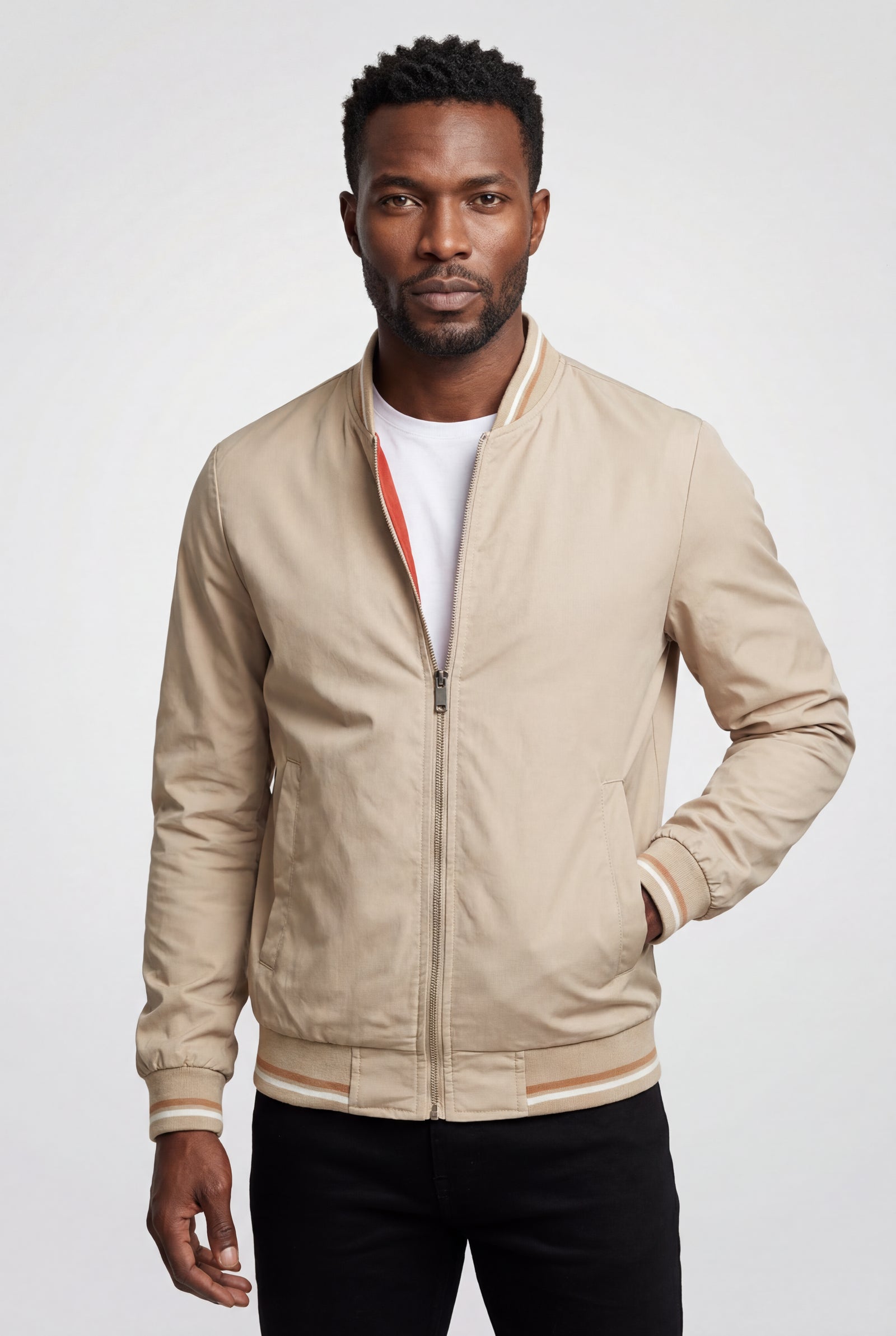 Khaki Striped Ribbed Trim Slim Fit Bomber Jacket - Photo 1