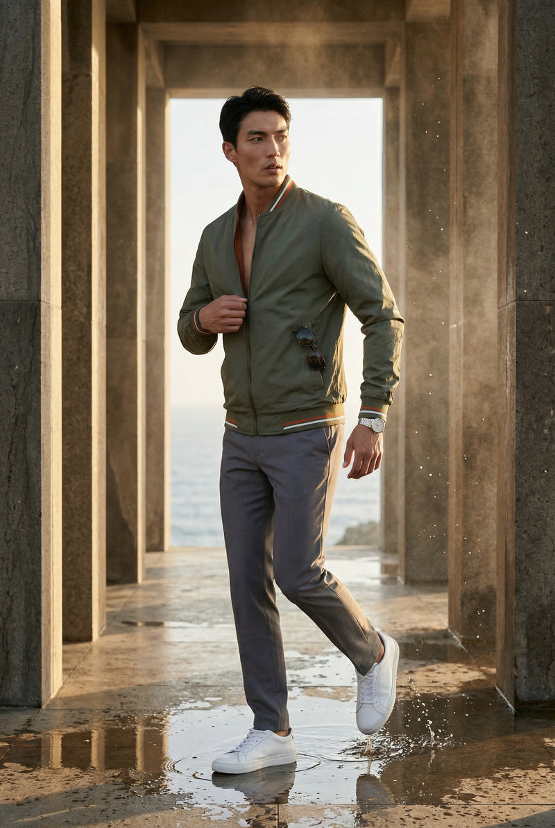 Olive Striped Ribbed Trim Slim Fit Bomber Jacket - Photo 3