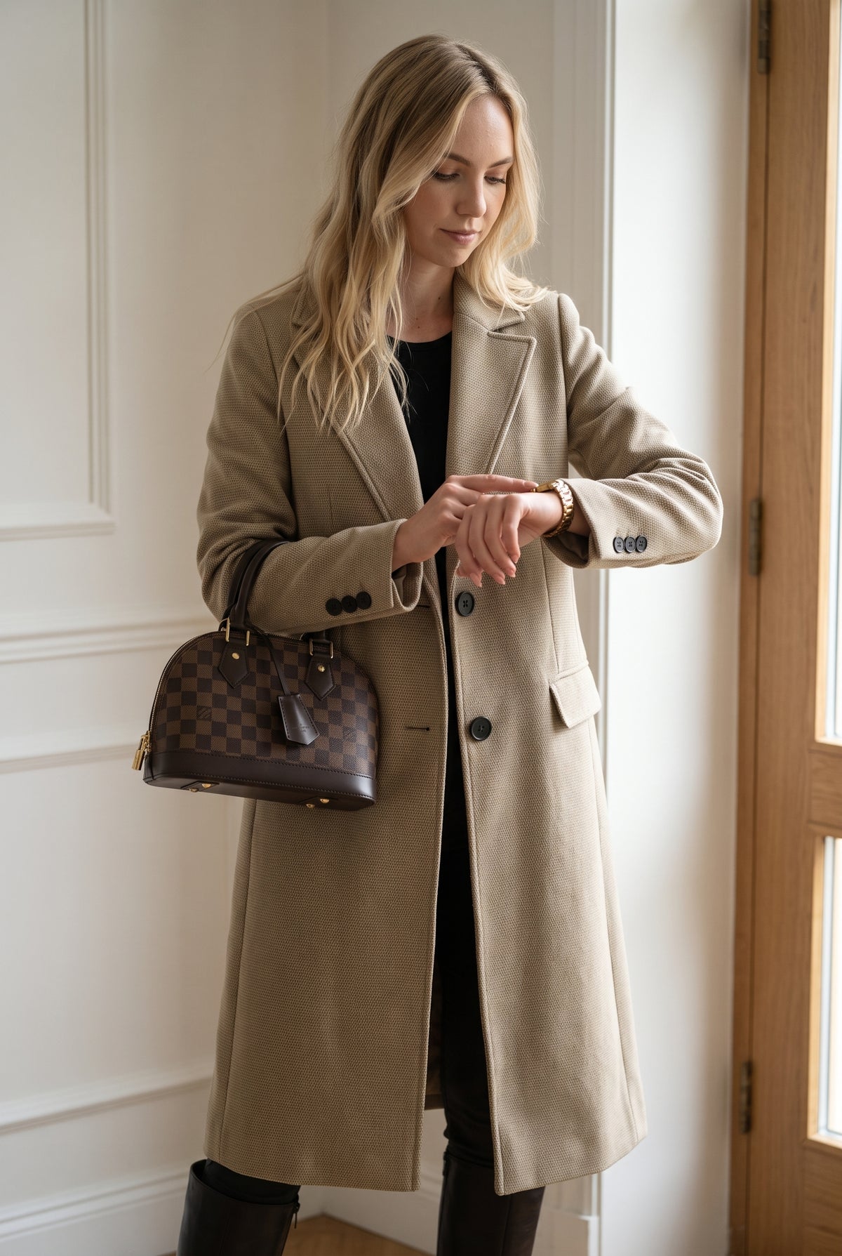 Tailored Long Overcoat in Khaki — studio front