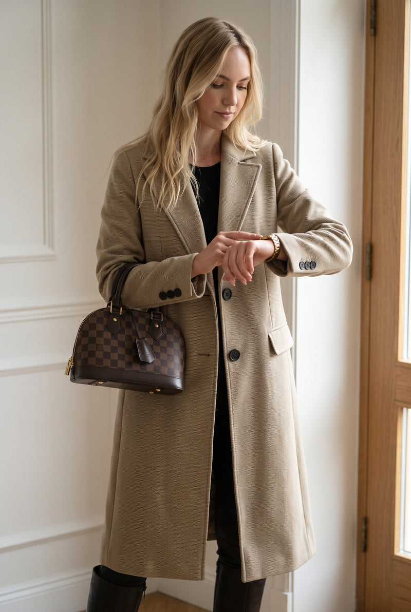 Tailored Long Overcoat in Khaki — studio front