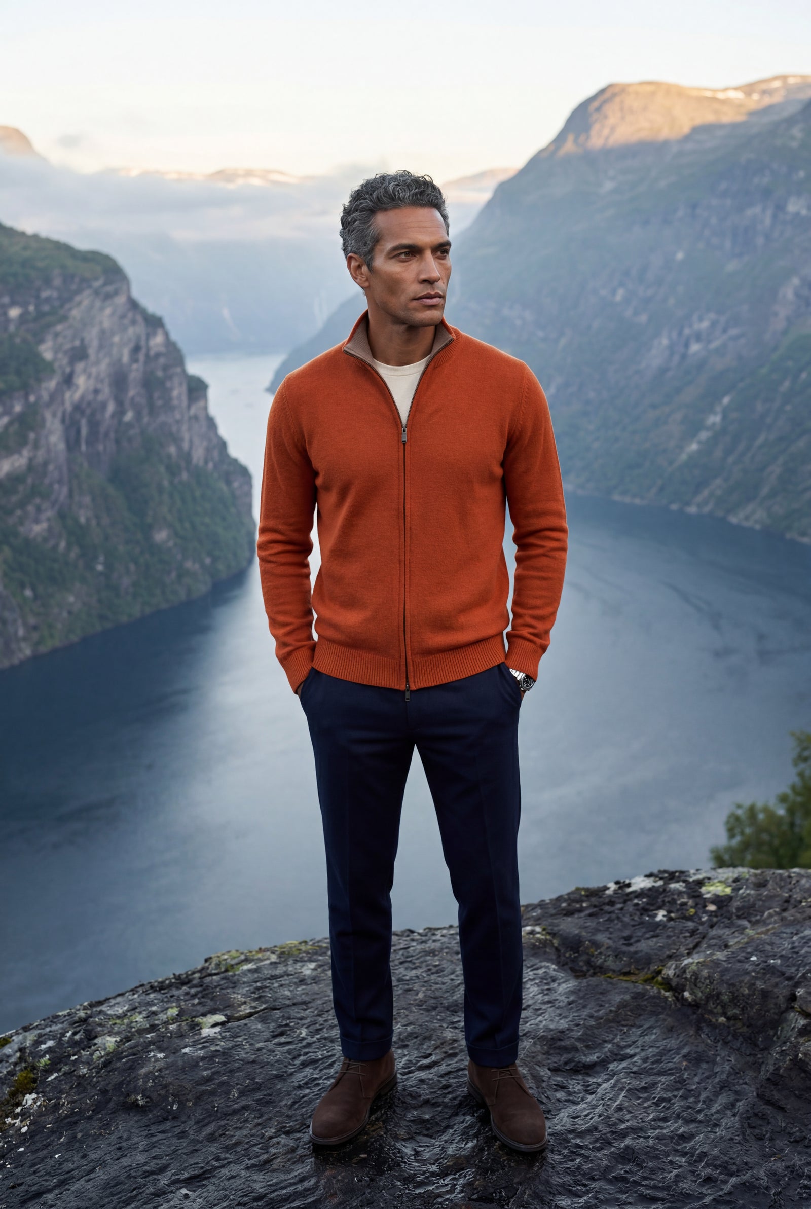 Orange Textured Stand Collar Full Zip Knitted Cardigan - Photo 15