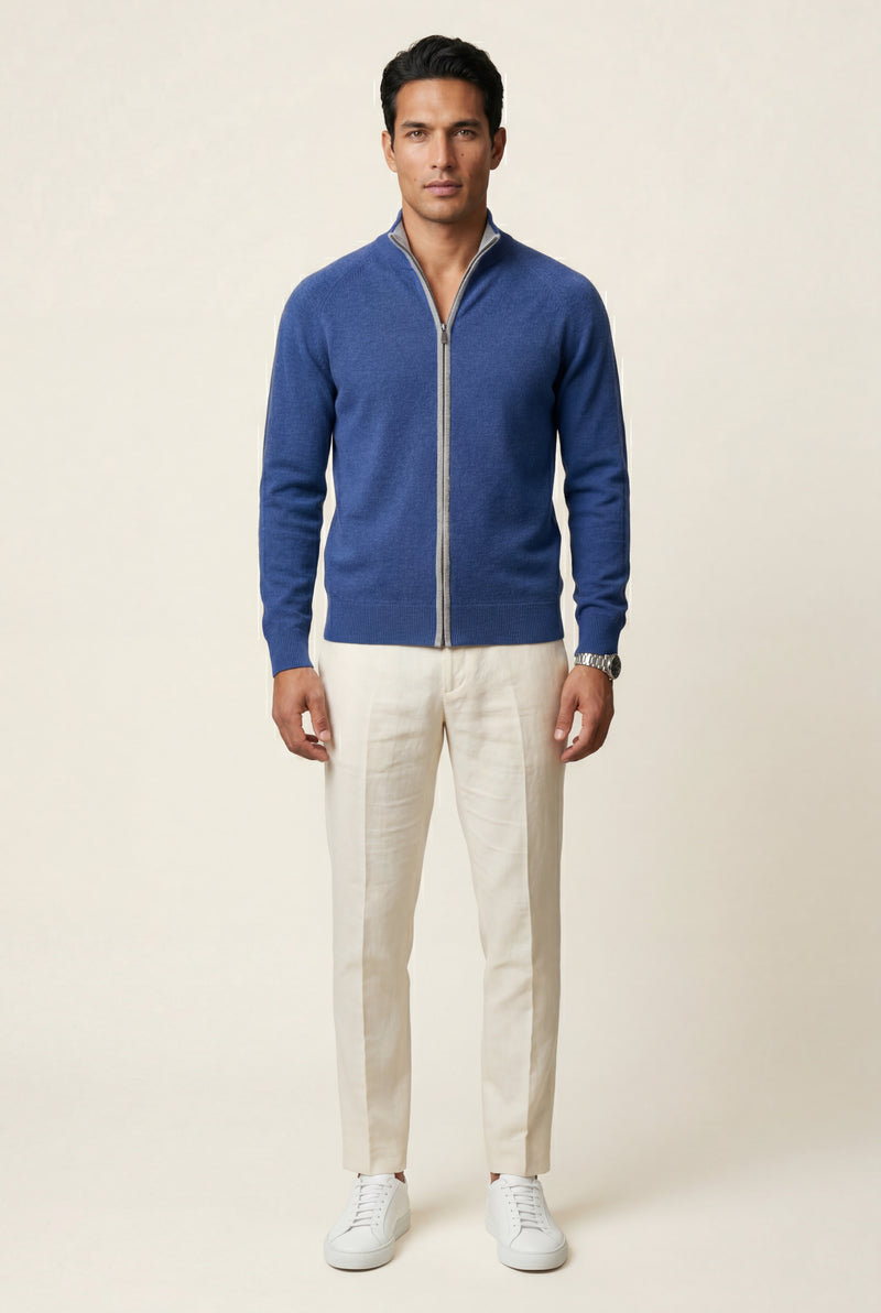 Blue Textured Stand Collar Full Zip Knitted Cardigan - Photo 4