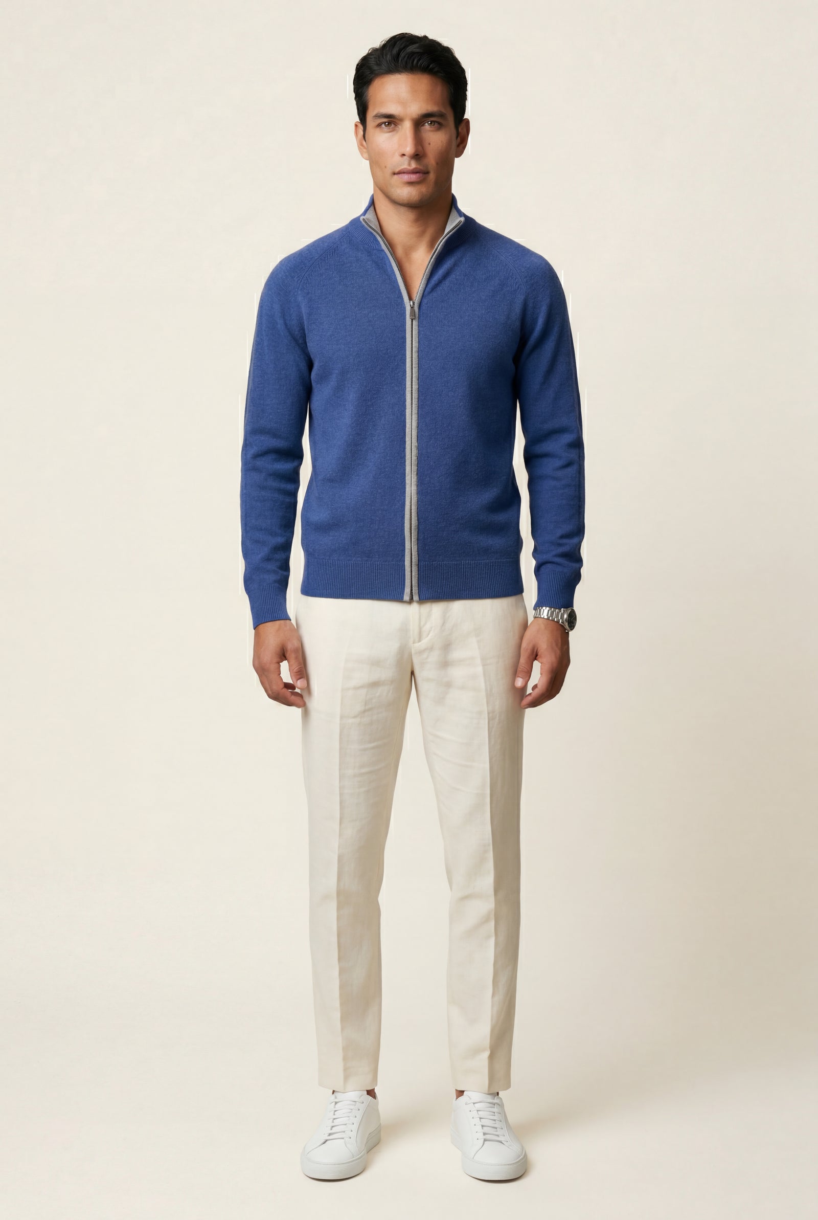 Blue Textured Stand Collar Full Zip Knitted Cardigan - Photo 4