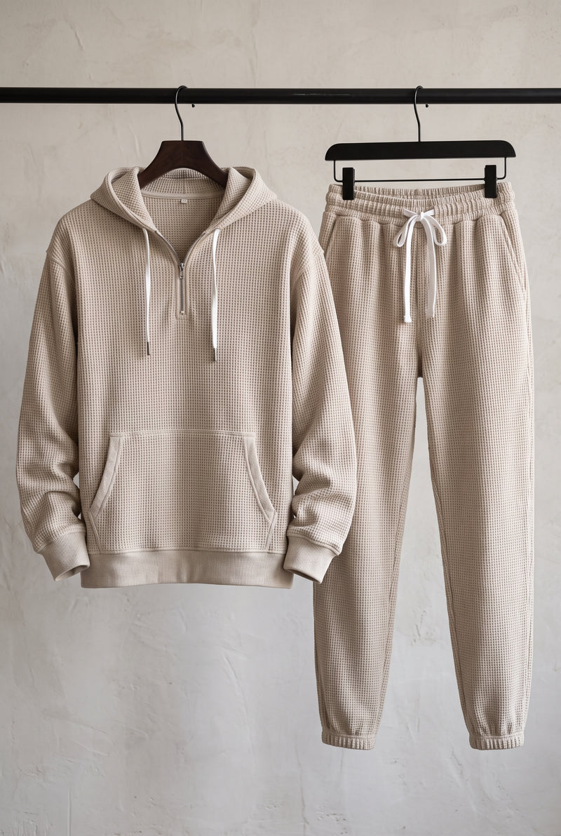 Waffle-Knit Hoodie Set in Khaki — studio front