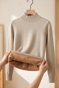 Fleece-Finished Mock Neck Sweater in Khaki — studio front