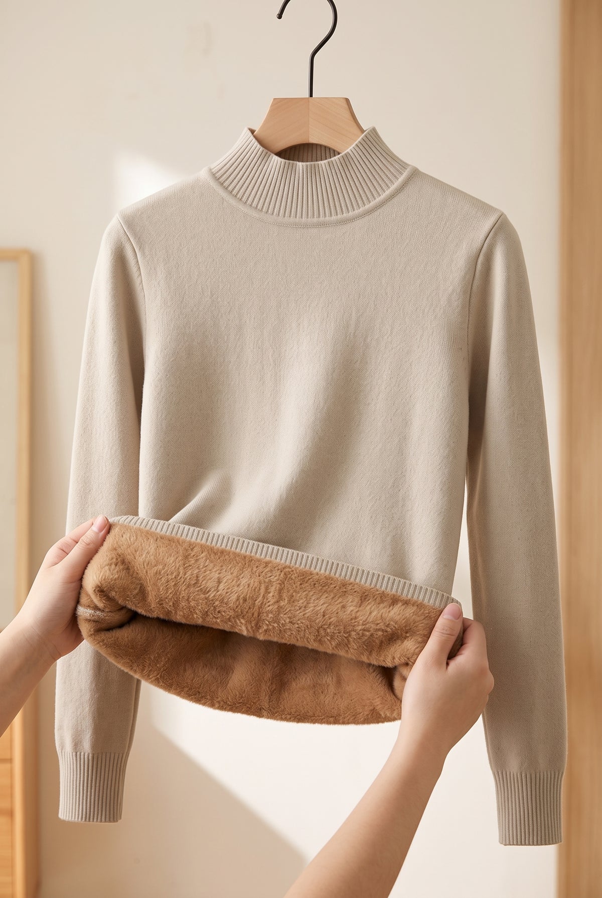Fleece-Finished Mock Neck Sweater in Khaki — studio front