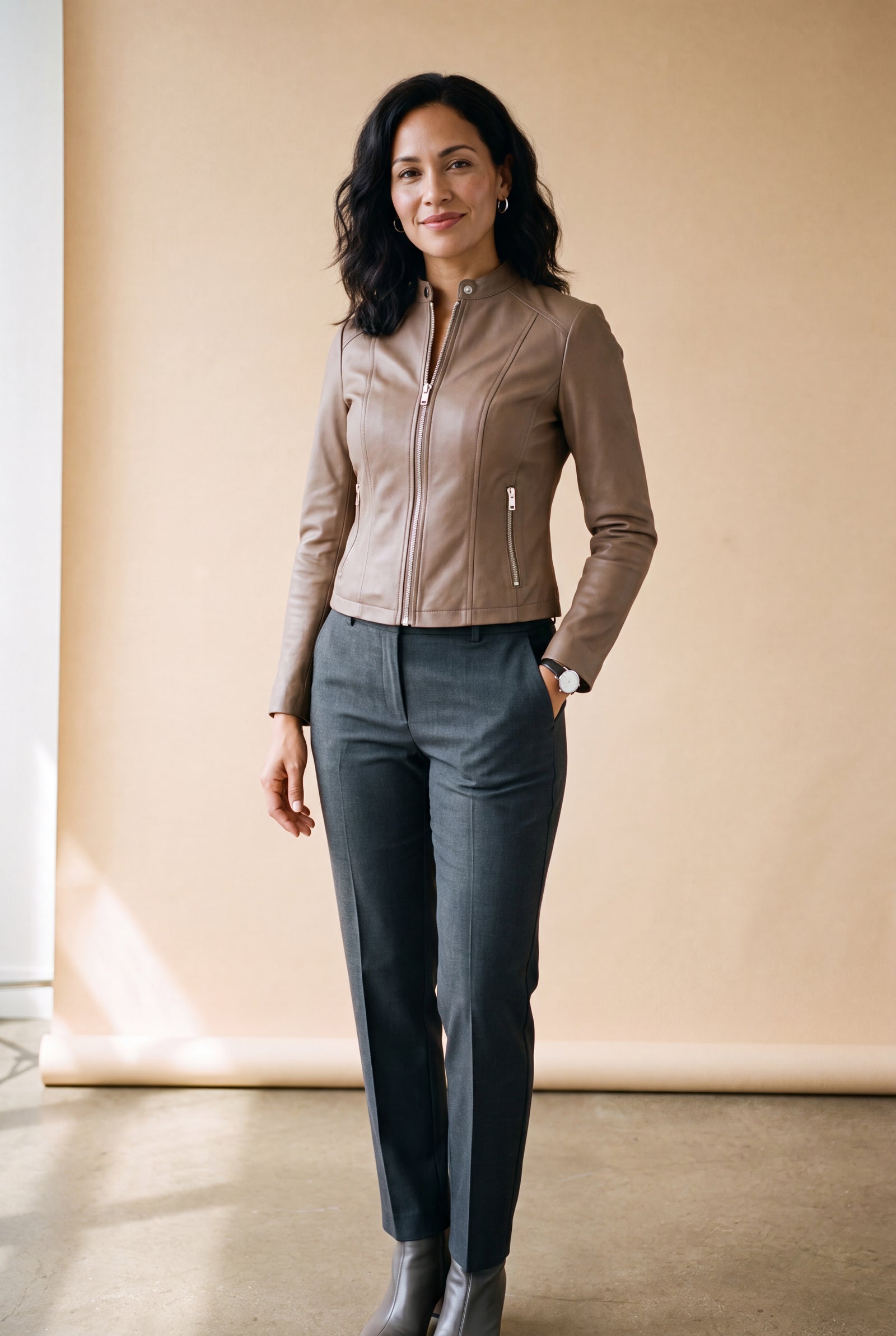 Women's Jacket Short Zip in Khaki — studio full