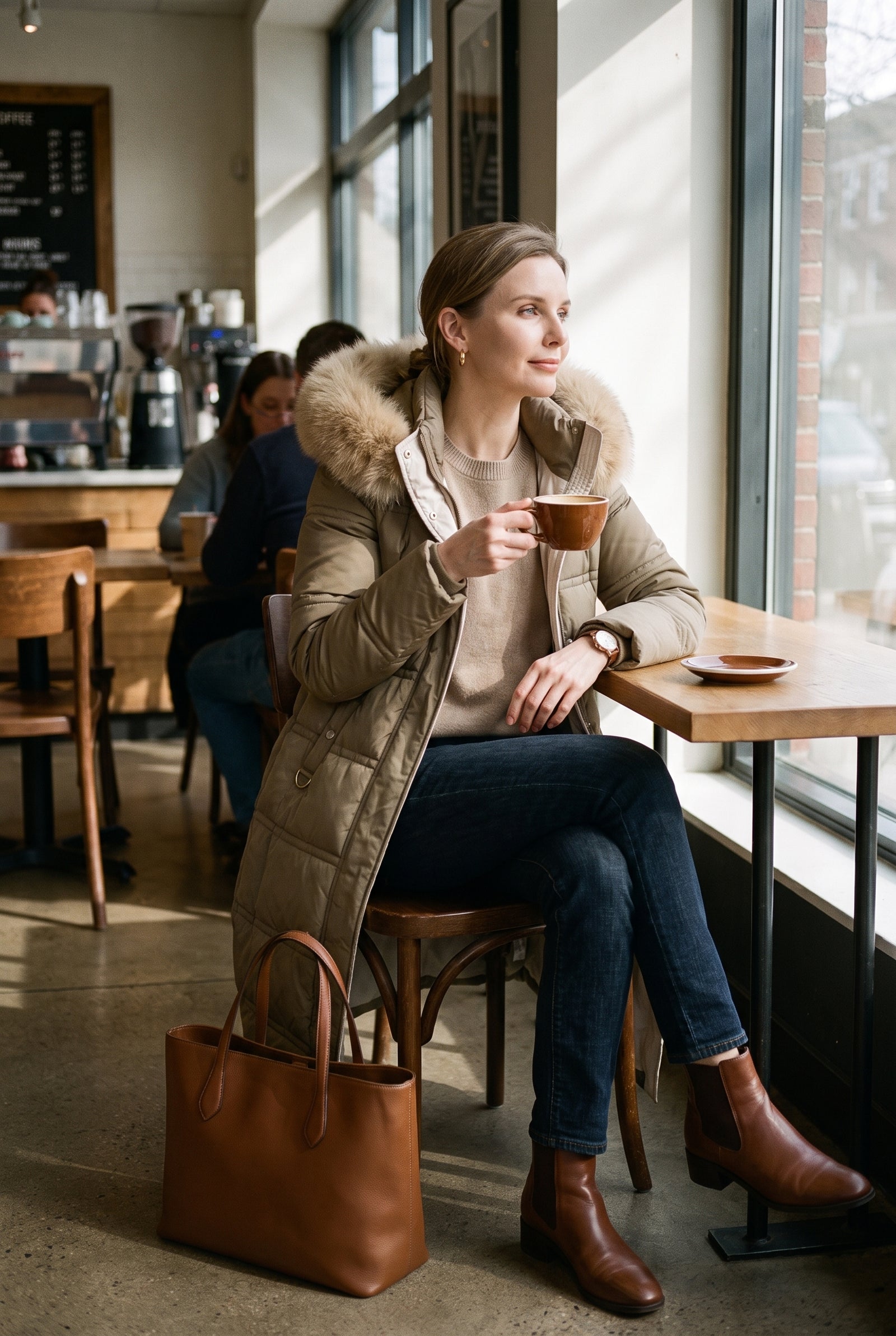 Women's Long Parka Relaxed Fit in Khaki — lifestyle morning coffee