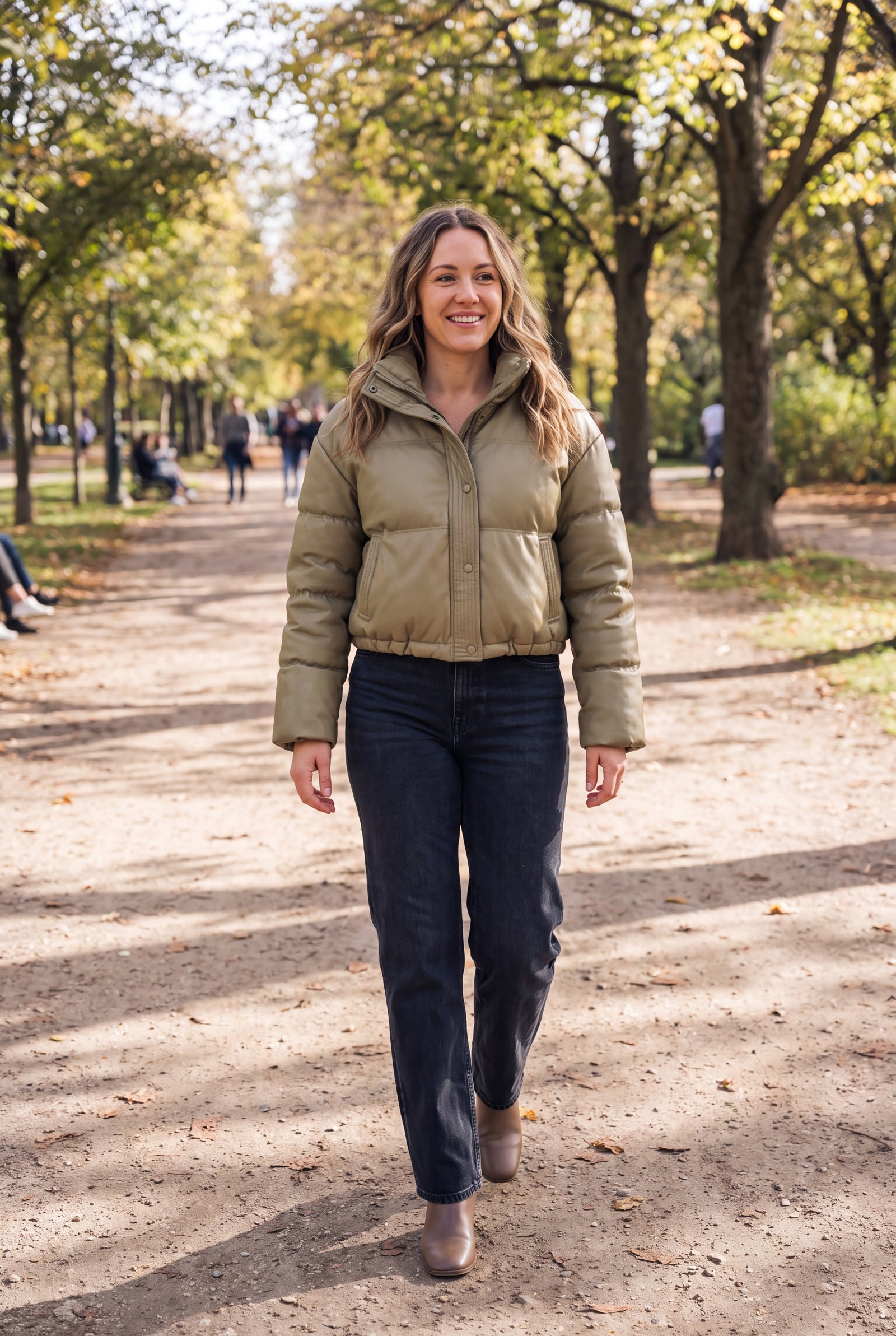 Women's Puffer Jacket High Collar Cropped in Khaki — park path