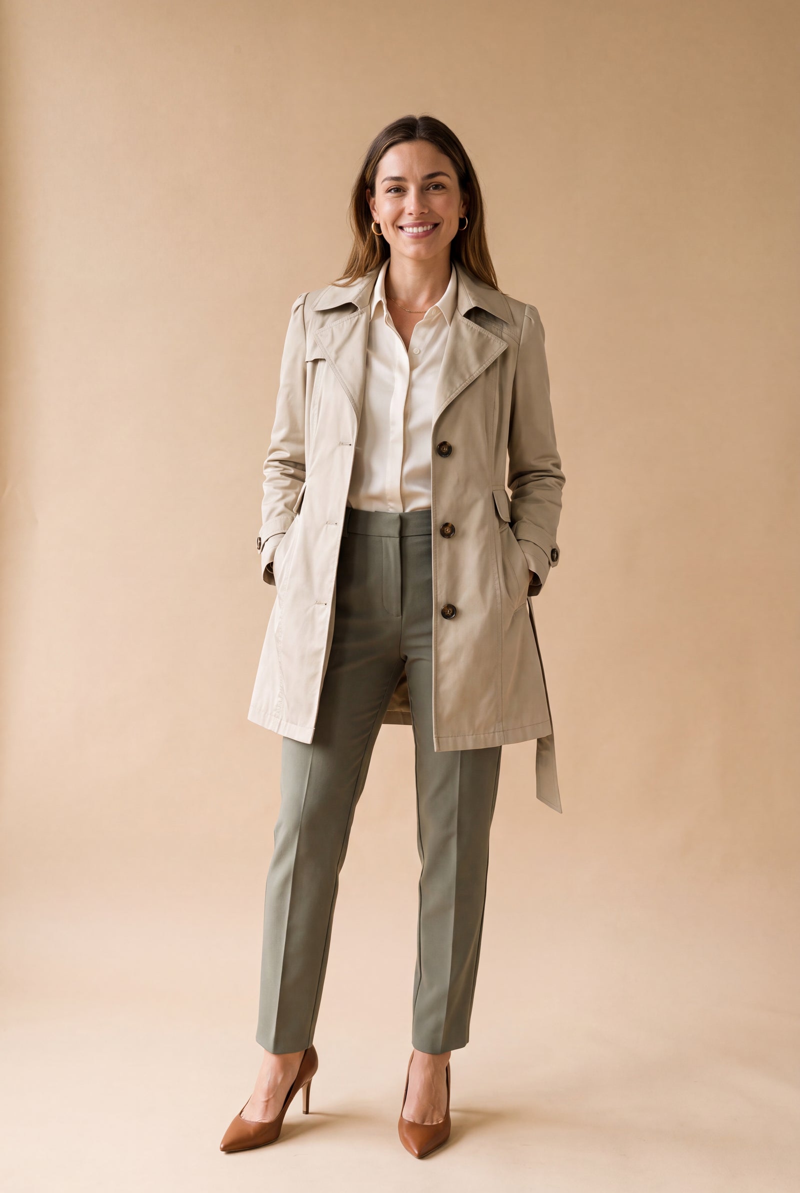 Women Trench Coat Short Belted in Khaki — primary beige